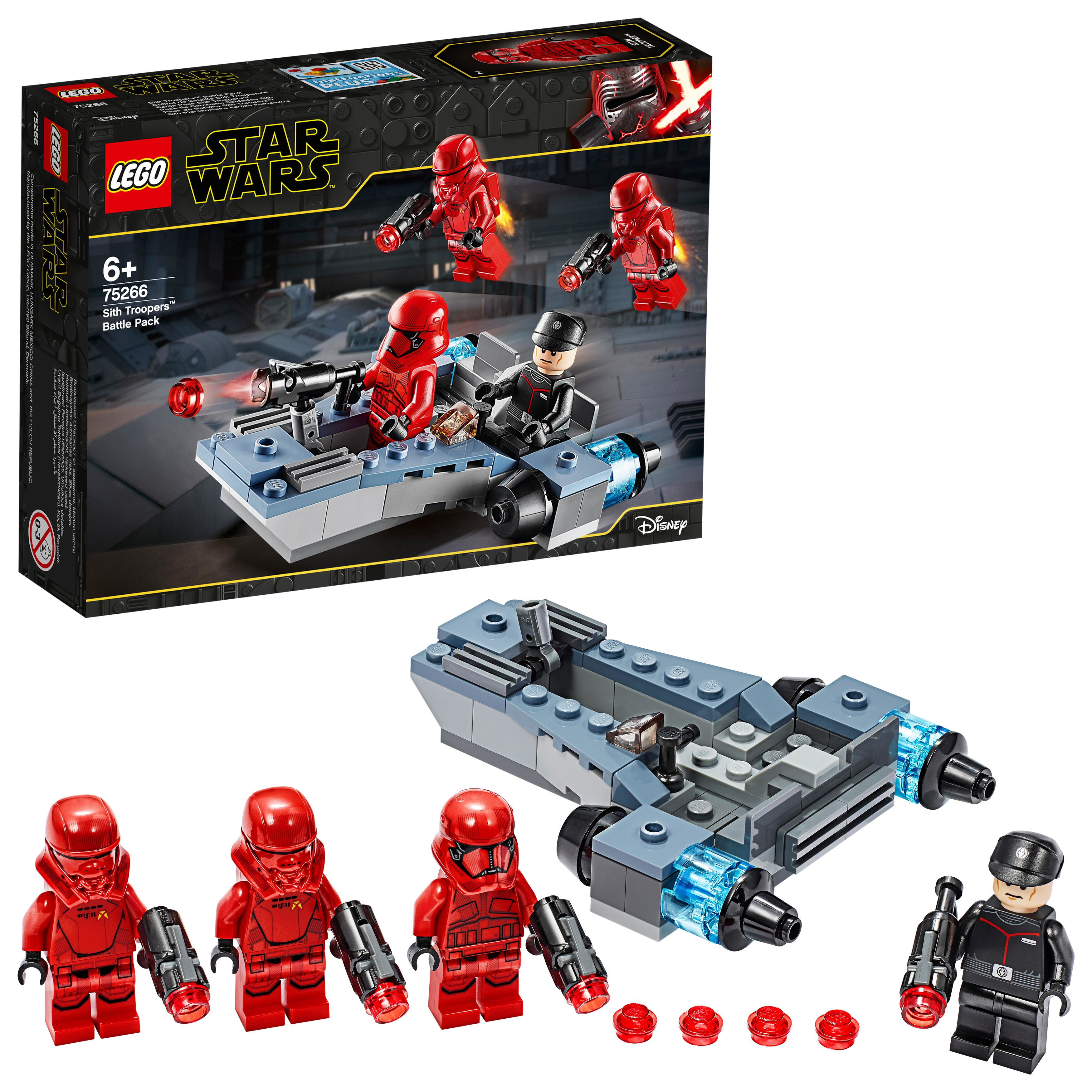 Lego Star Wars Set mit roten Sturmtruppen und einem grauen Fahrzeug. Beinhaltet Figuren und Zubehör.