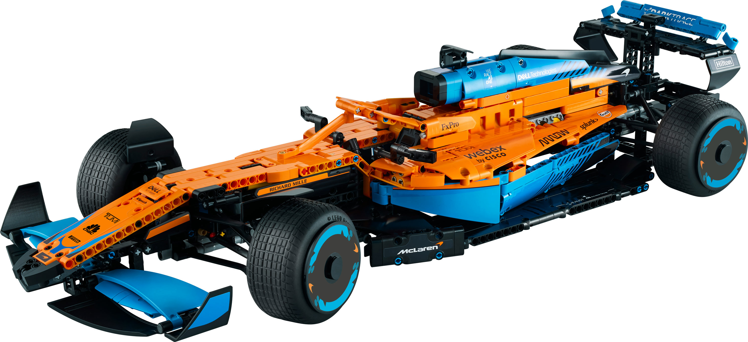 Samochód Formuły 1 Lego McLaren, w kolorze pomarańczowo-niebieskim, na białym tle.