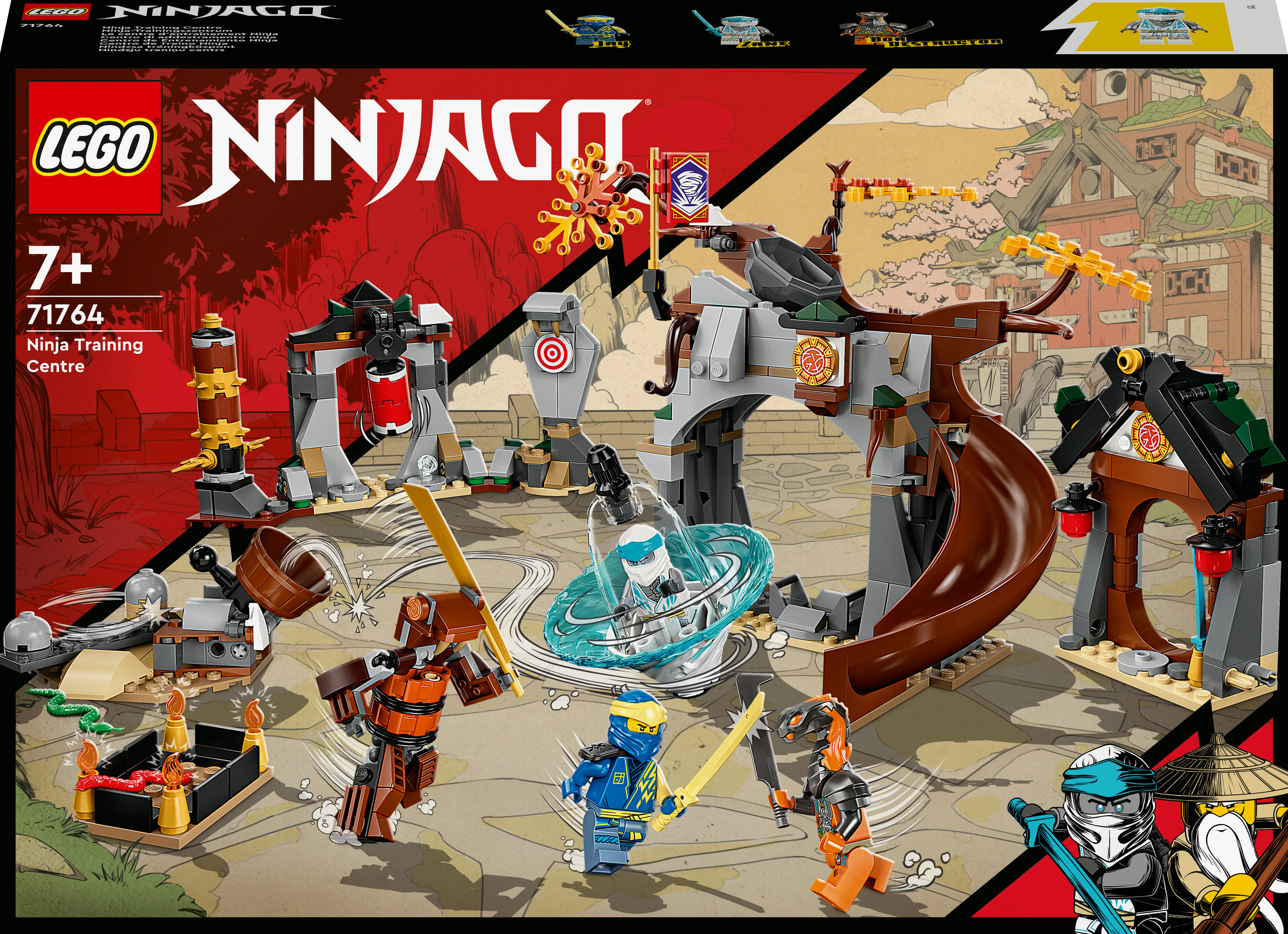 LEGO Ninjago Ninja Training Center set with figures and a brown landscape. White background.