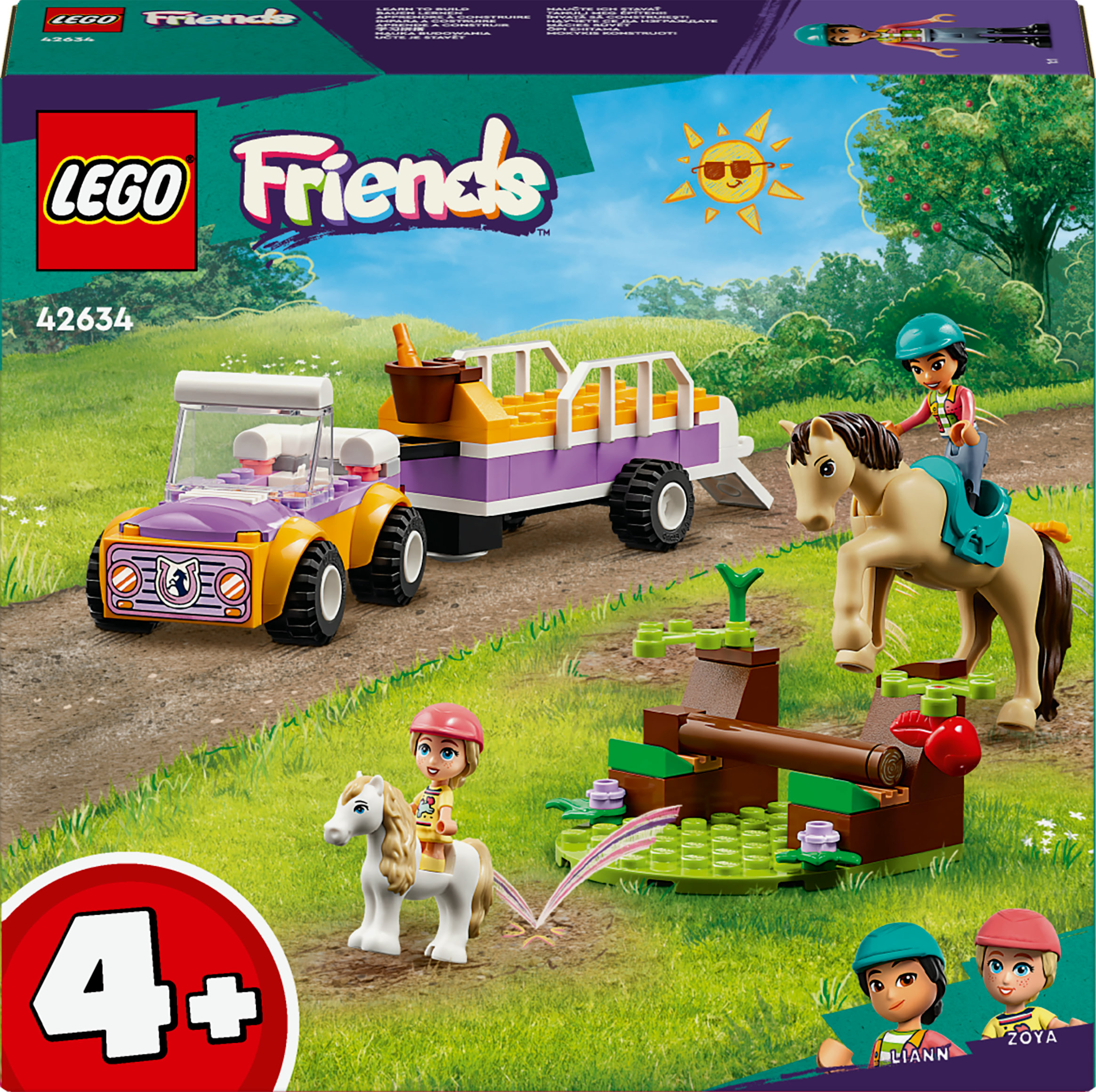 Araba, binicili at, römork ve doğa arka planı olan Lego Friends set kutusu.