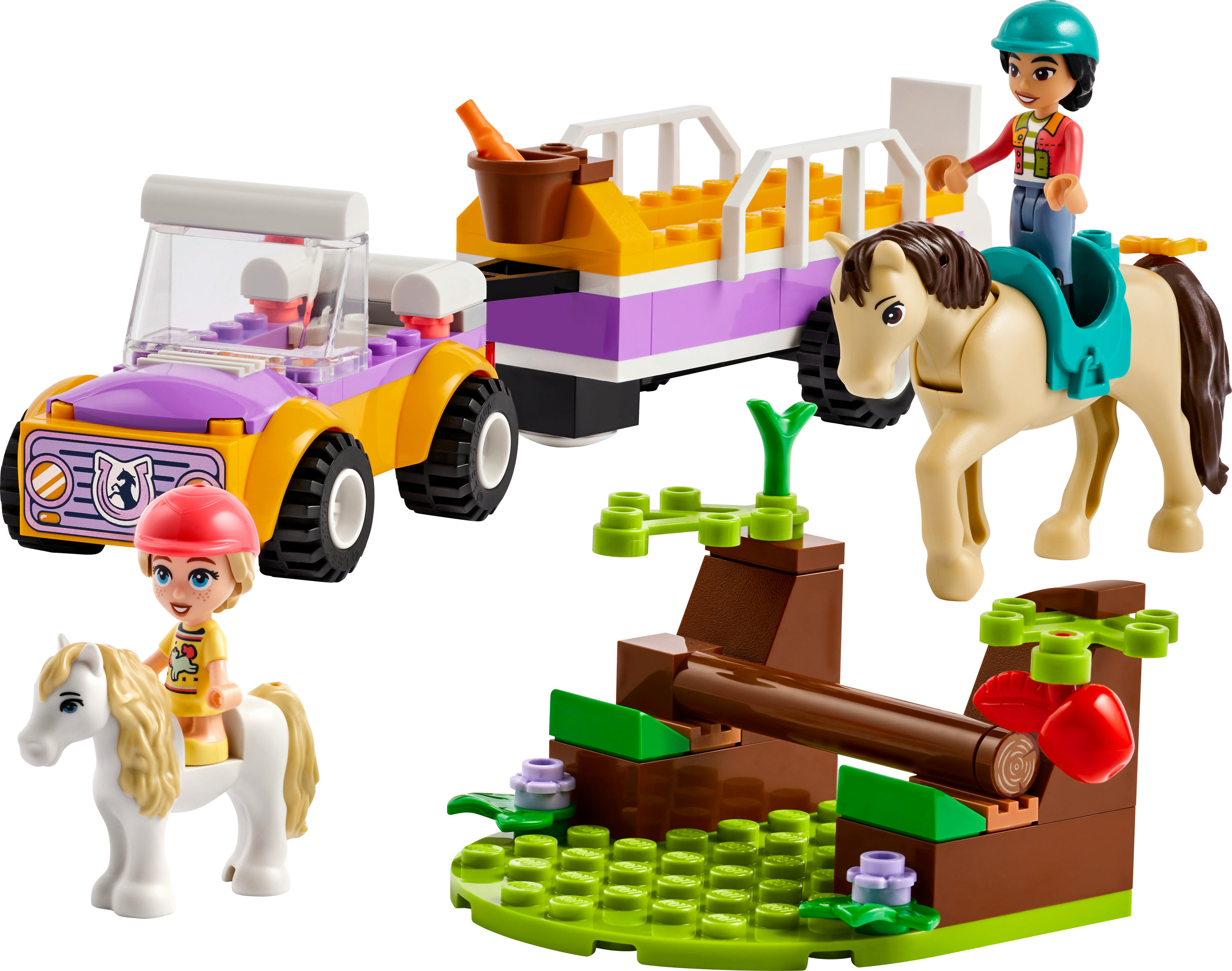 Lego Friends seti, bir at römorku, araba, at ve iki figür ile.