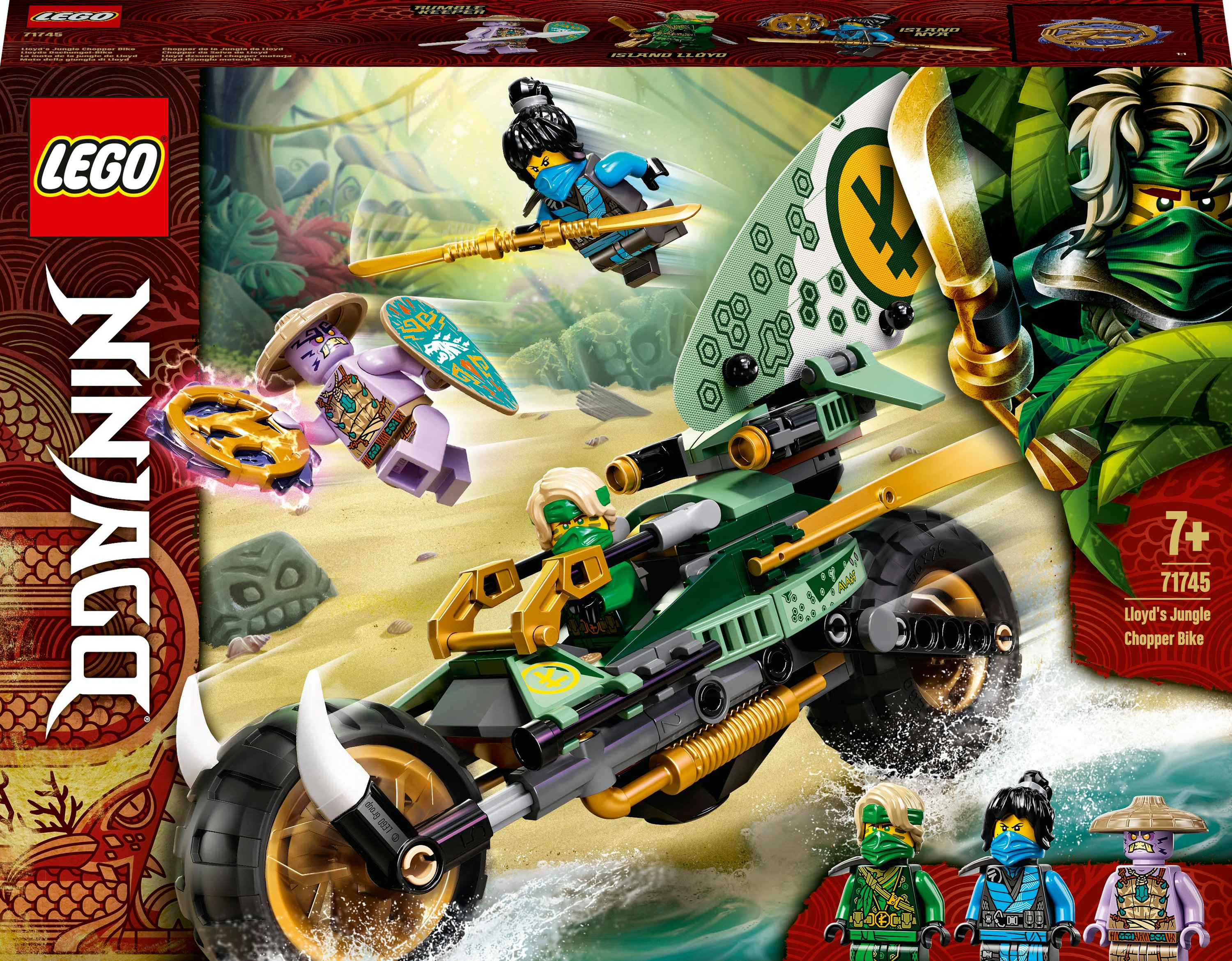 Ein LEGO Ninjago Set mit Motorrad, Ninja-Minifiguren und Dschungel-Kulisse.