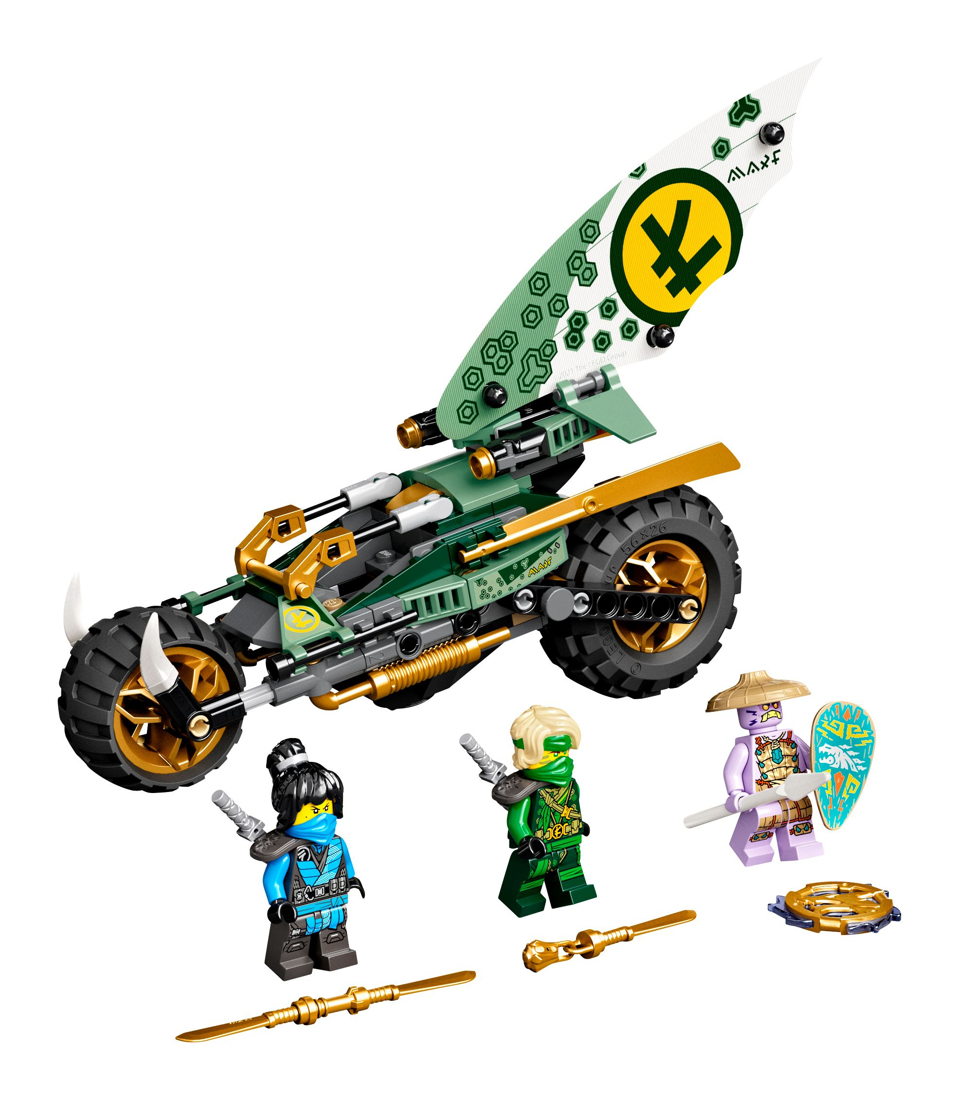 Ein Lego Ninjago-Set mit einem Fahrzeug, Charakteren und Waffen.
