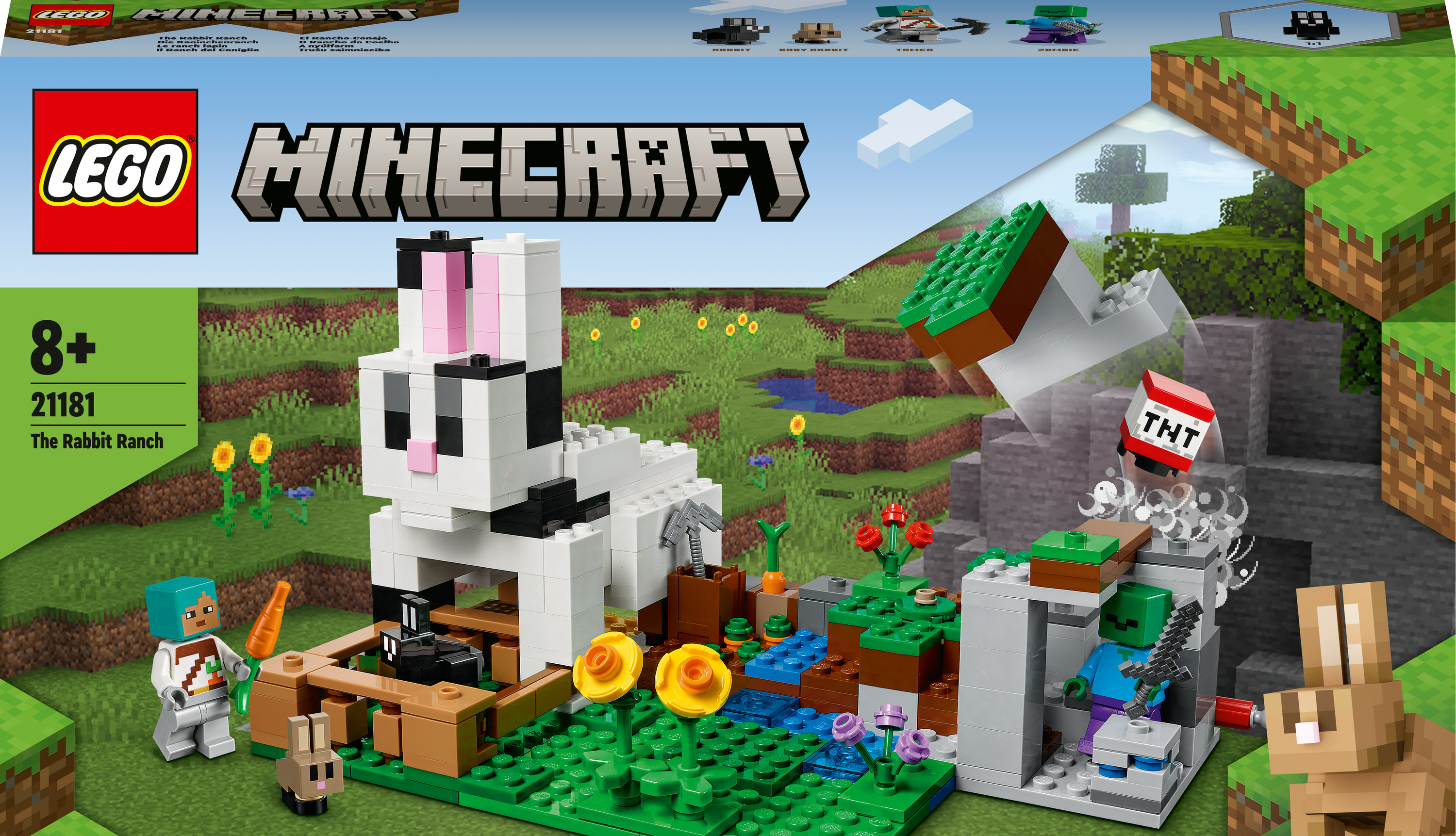 Un set Lego Minecraft: The Rabbit Ranch. Include un coniglio bianco, un paesaggio verde e personaggi Lego.