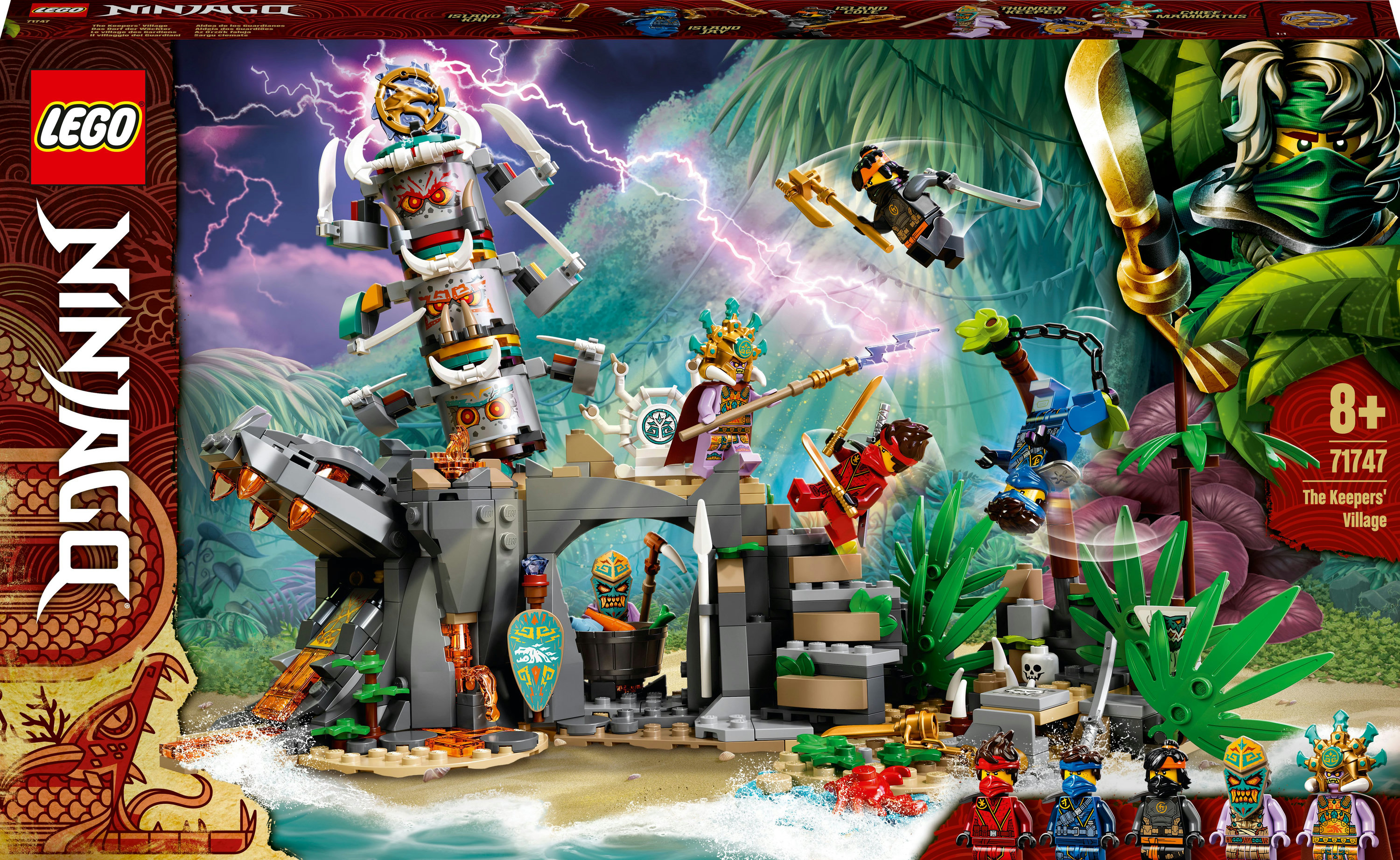 Eine LEGO Ninjago-Set-Box zeigt eine Dschungelszene mit Minifiguren und einer großen Struktur.