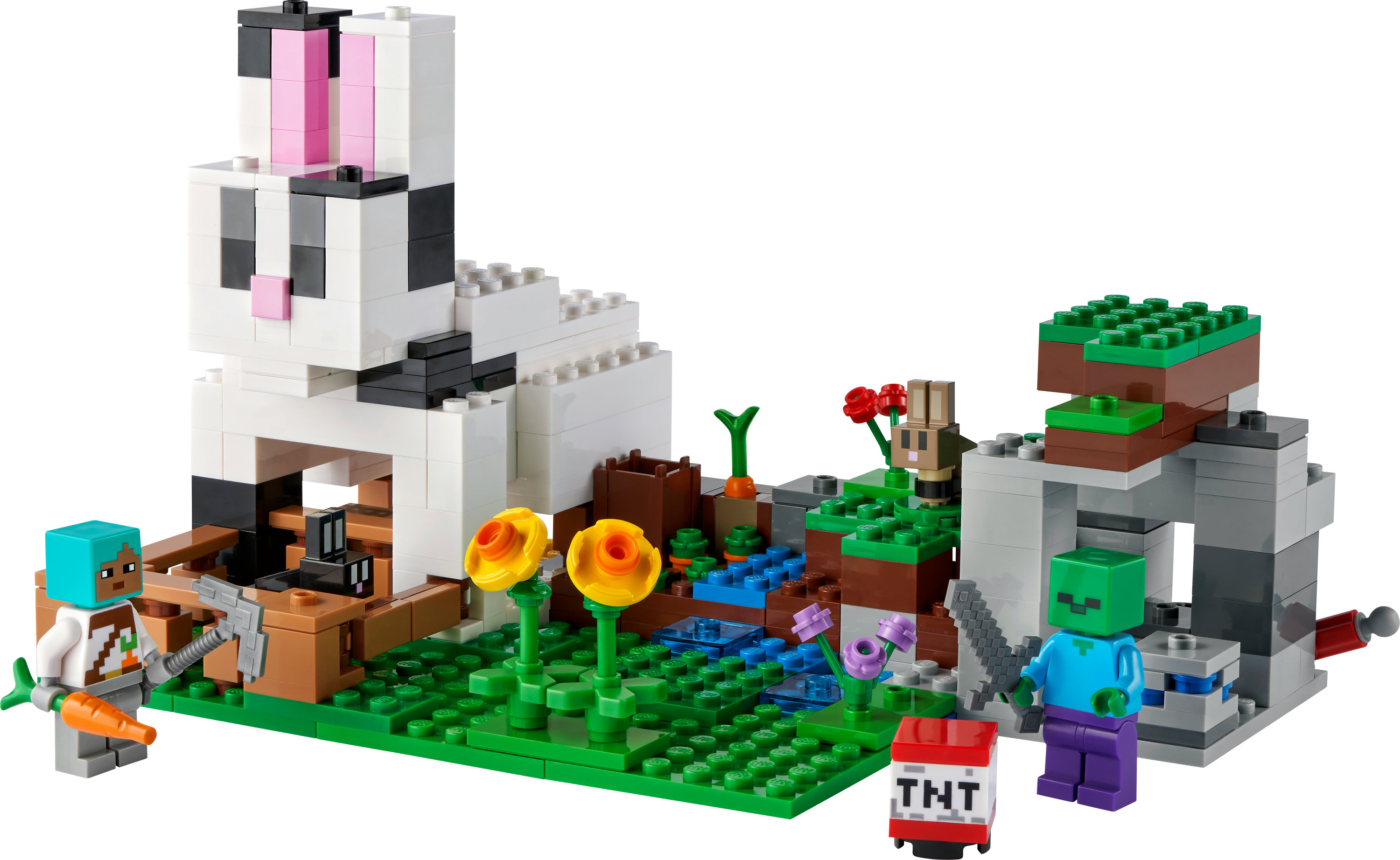 Un set Lego Minecraft con un grande coniglio, personaggi e un blocco TNT.