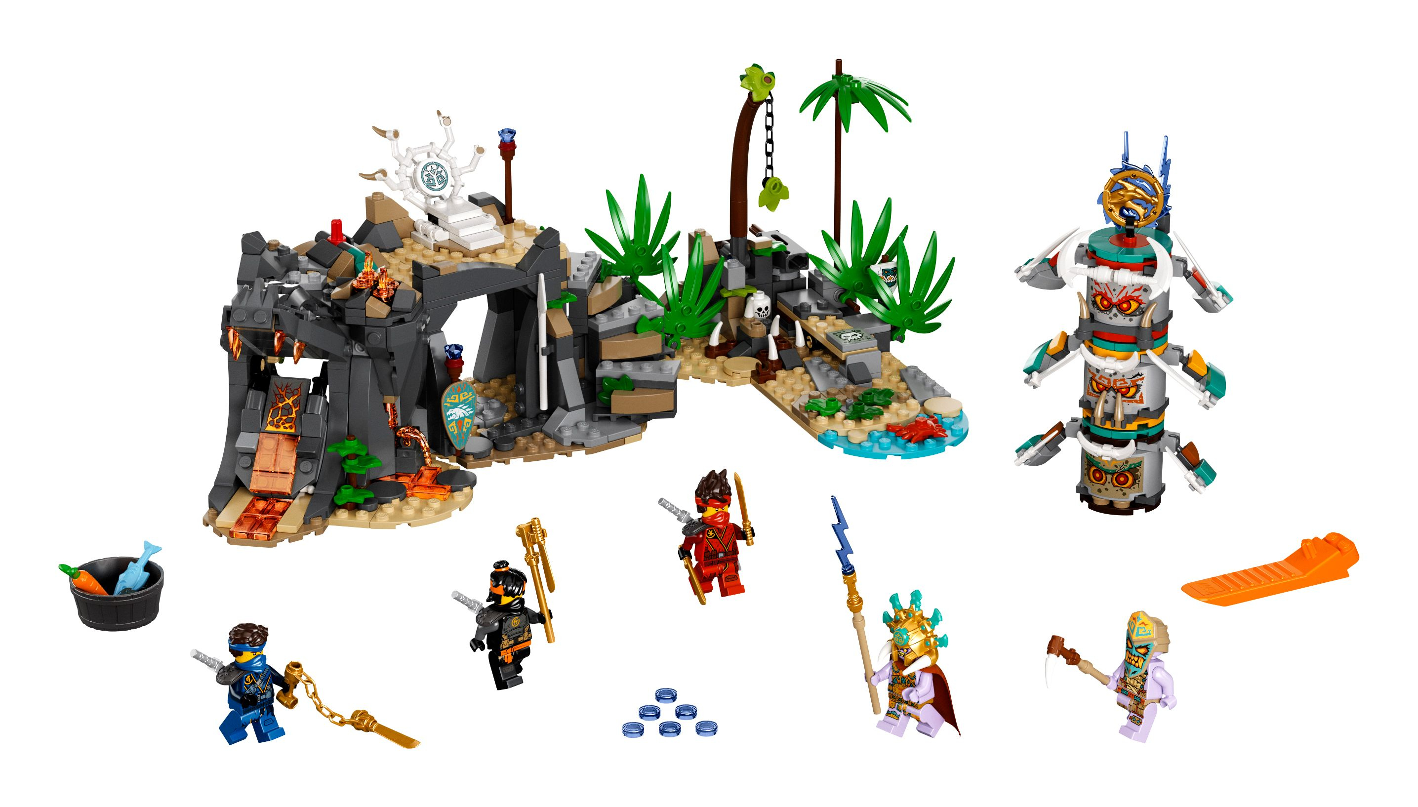 Ein Lego Ninjago Set mit einem Tempel, Ninja-Figuren, Feinden und verschiedenen szenischen Elementen auf weißem Hintergrund.