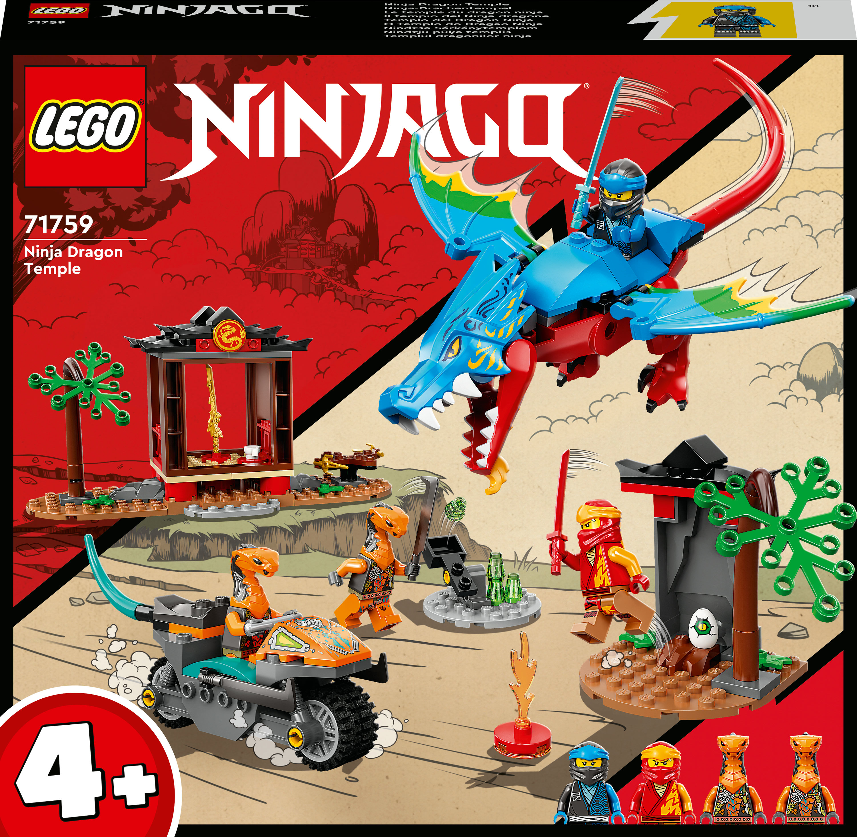 Lego Ninjago Set mit Figuren, einem Drachen, Tempel und einem Fahrzeug.