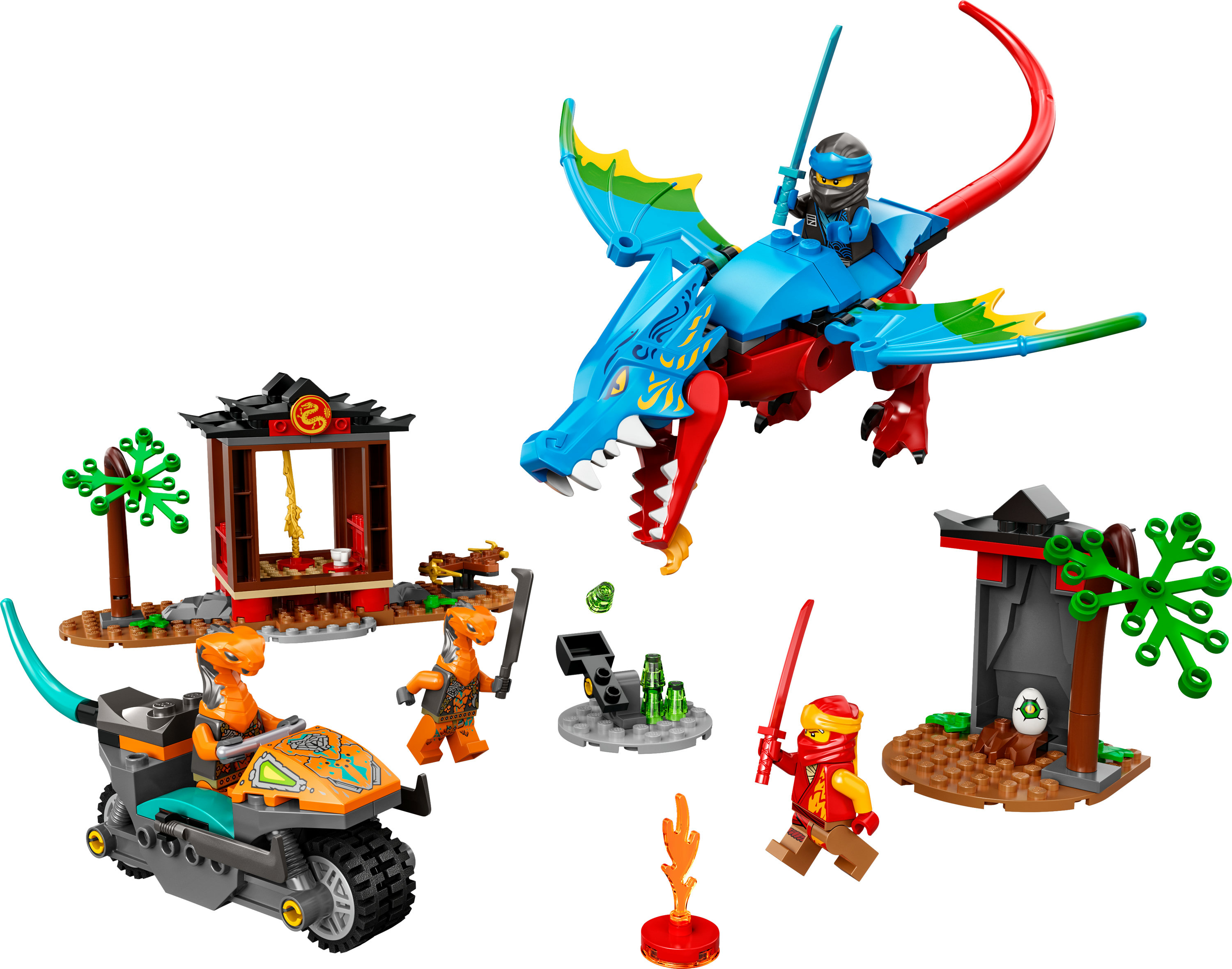 Ein Lego Ninjago-Set mit einem Drachen, Ninja-Figuren und einer Tempelszene, vor weißem Hintergrund.