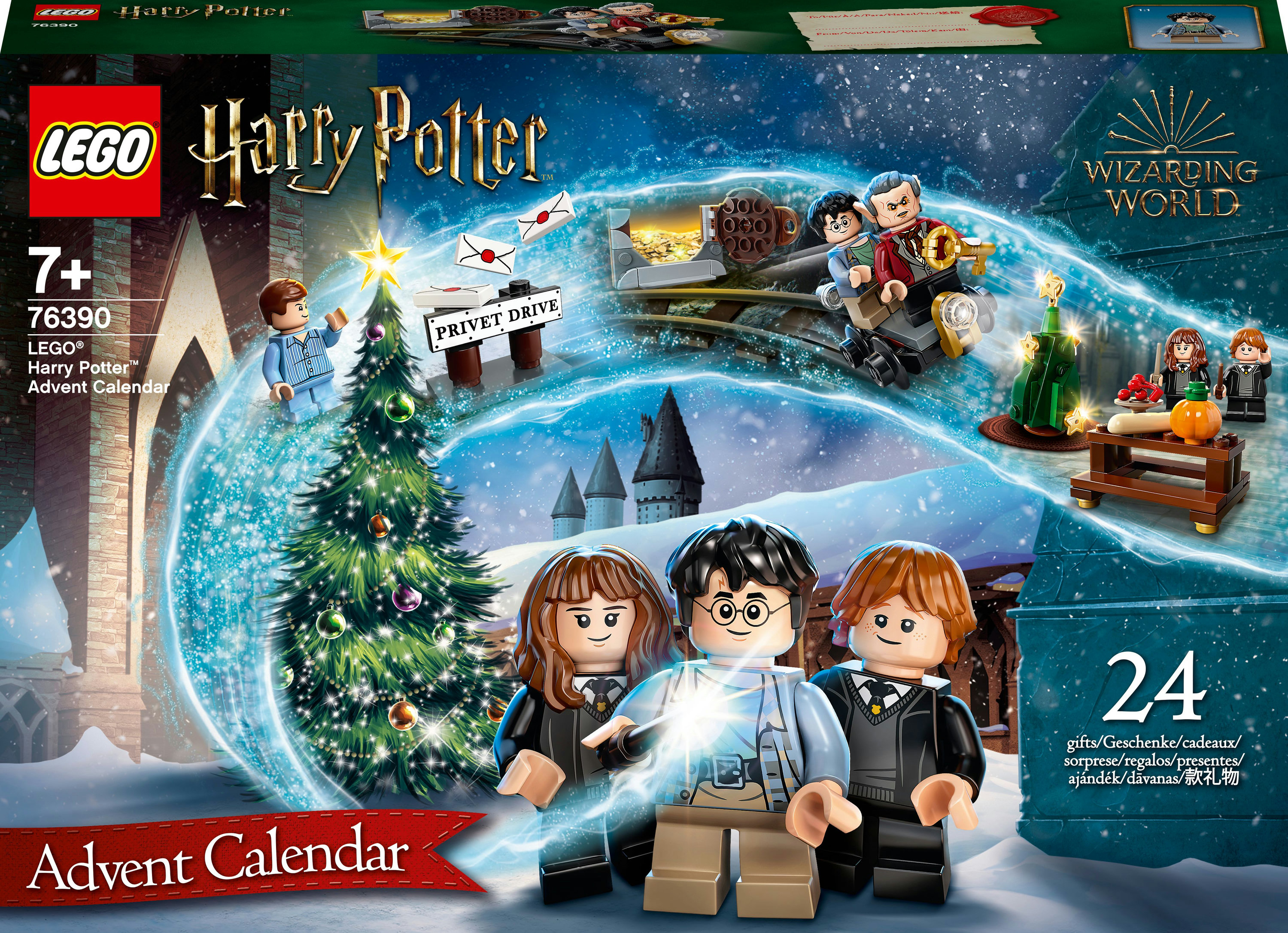 Lego Harry Potter Adventskalender-Box mit Figuren und Set-Teilen.