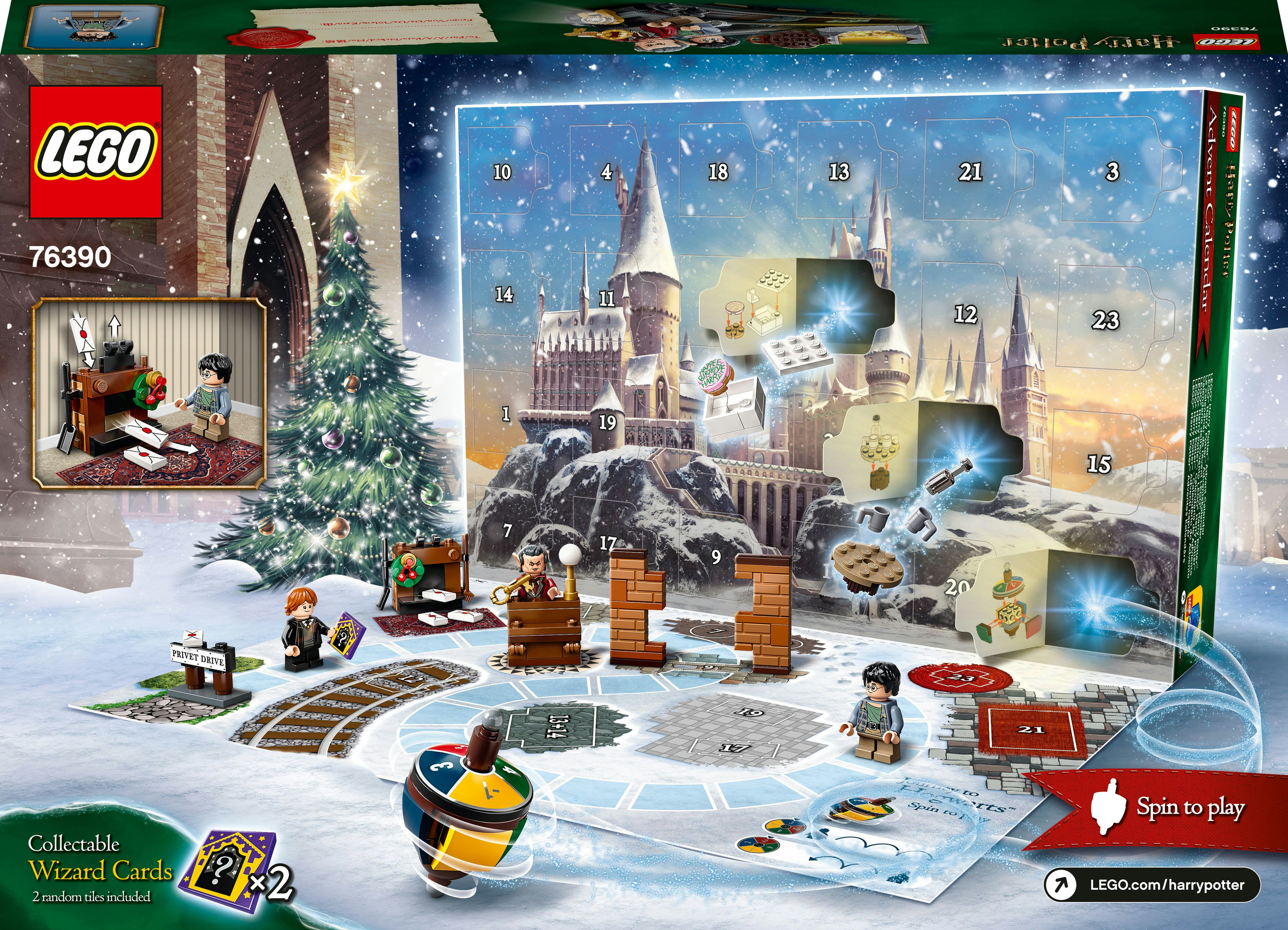 Lego Harry Potter Adventskalender mit Hogwarts-Schloss, Figuren und Weihnachtselementen.