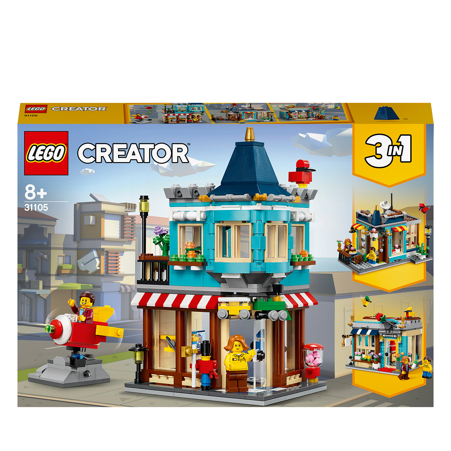 Lego Creator 3-in-1 Set: ein Gebäude mit einem Geschäft, einer Raketenfahrt und einem kleinen Laden.