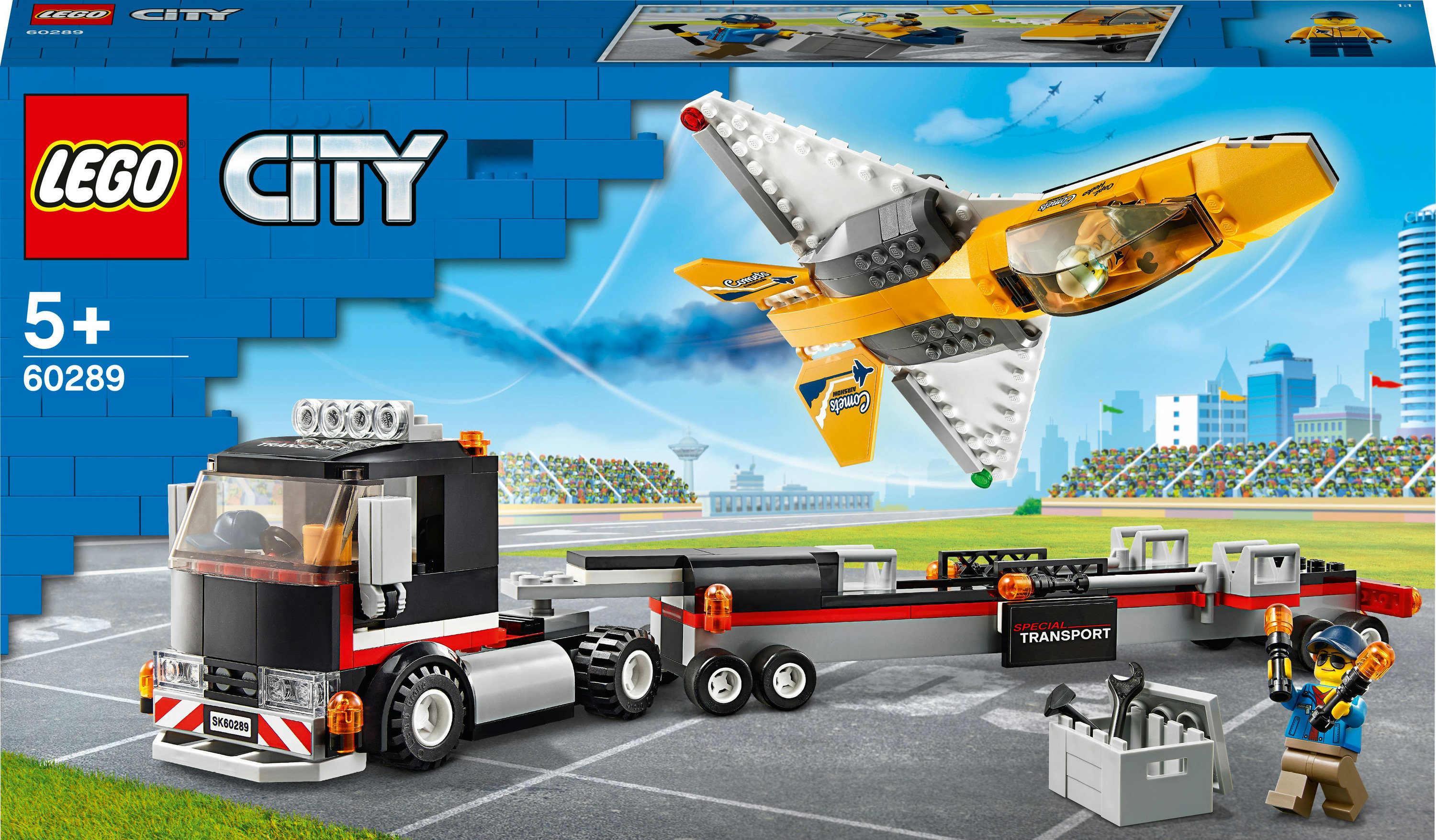 Set Lego City con un camion e un aereo su una pista, con personaggi Lego.
