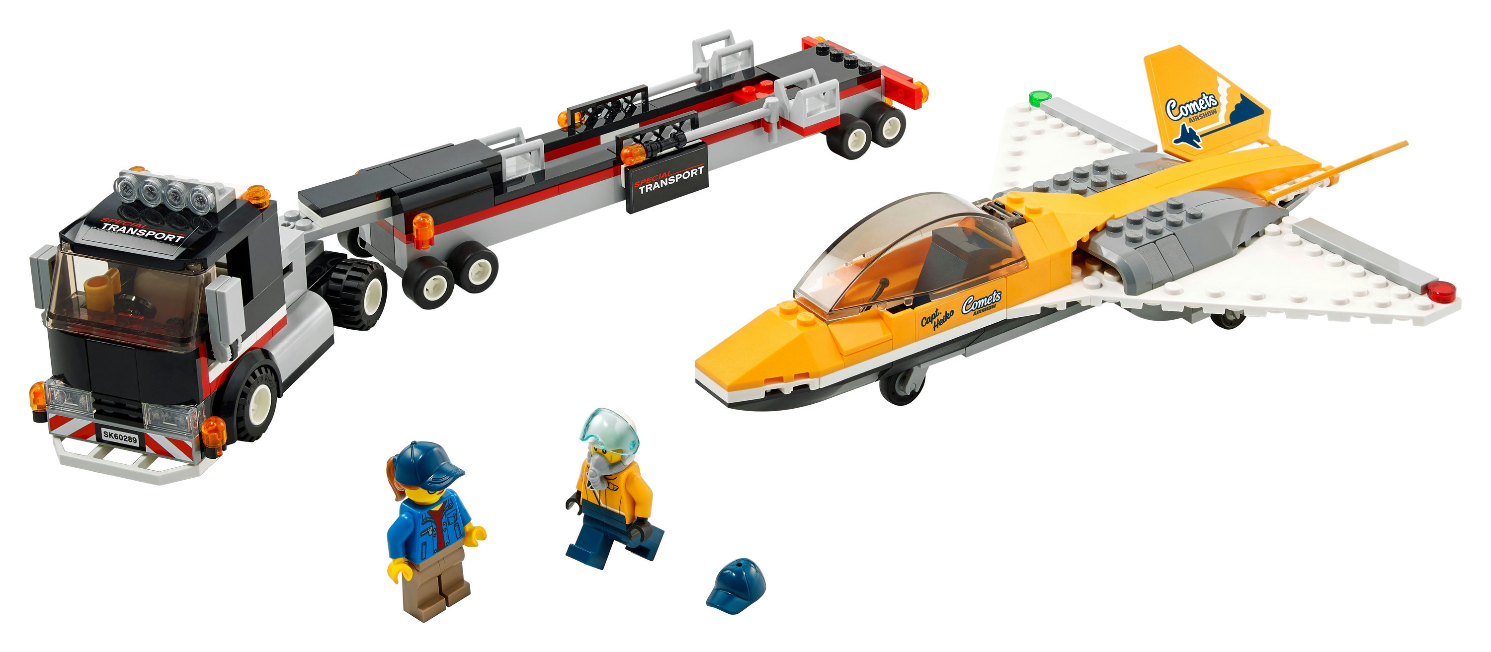 Set LEGO con camion, rimorchio, aereo a reazione e due minifigure di un pilota e un operaio.