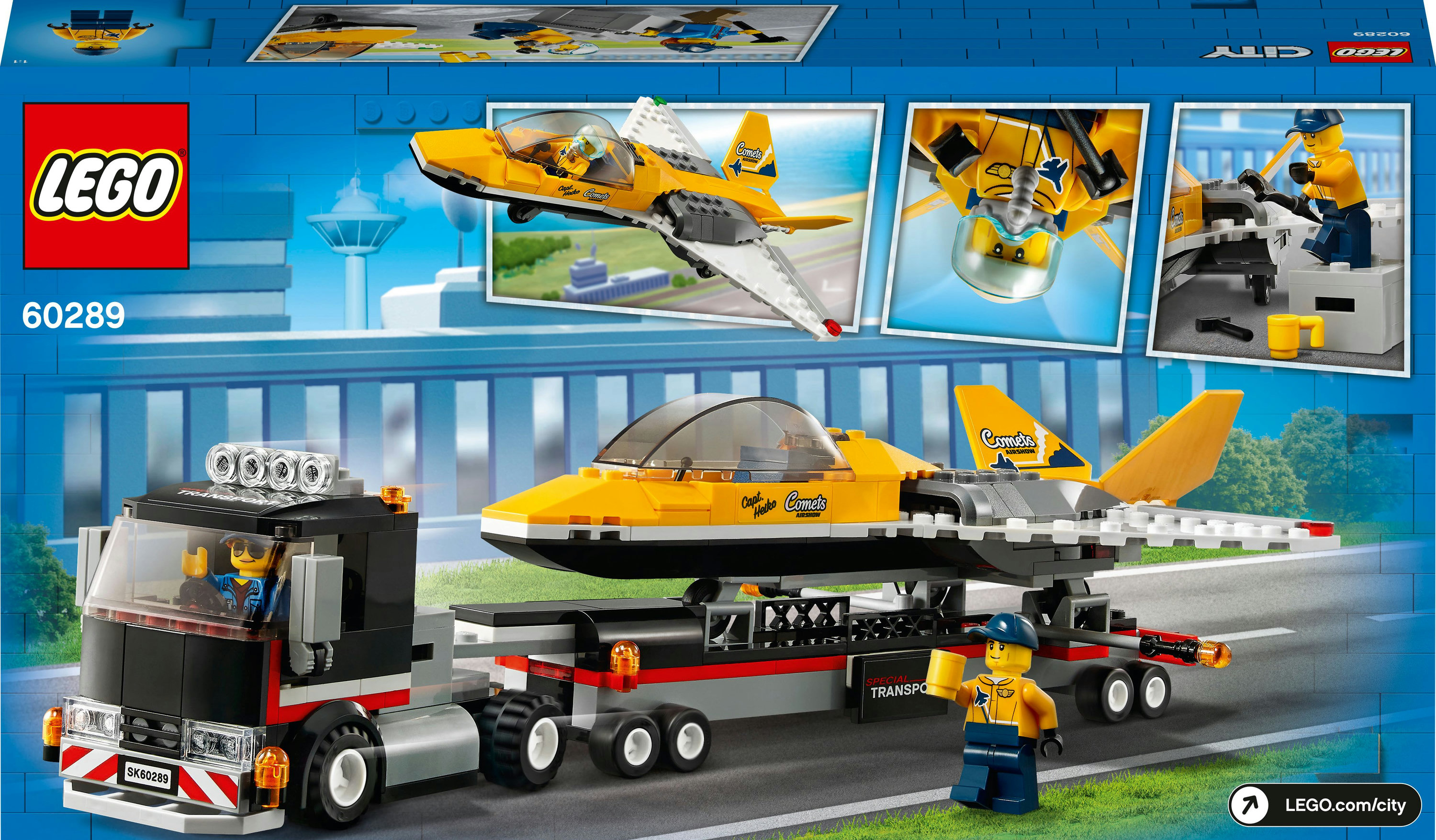 Una scatola Lego City che mostra un aereo a reazione trasportato da un camion.