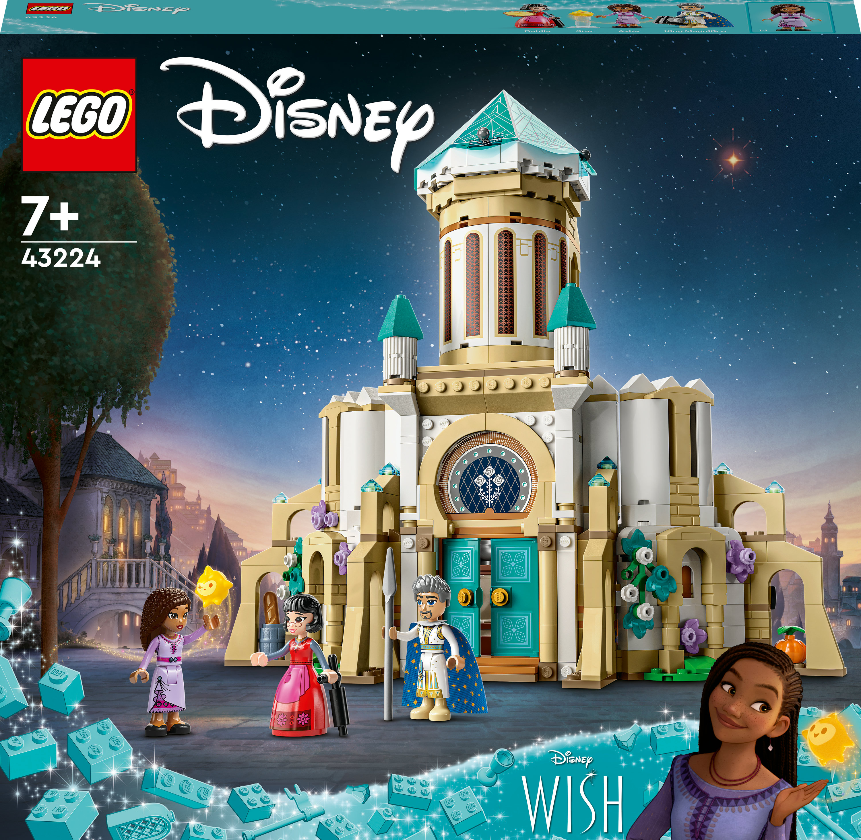 Pudełko zestawu LEGO Disney z figurkami i zamkiem. Błękitne niebo i scena nocna. Disney Wish.