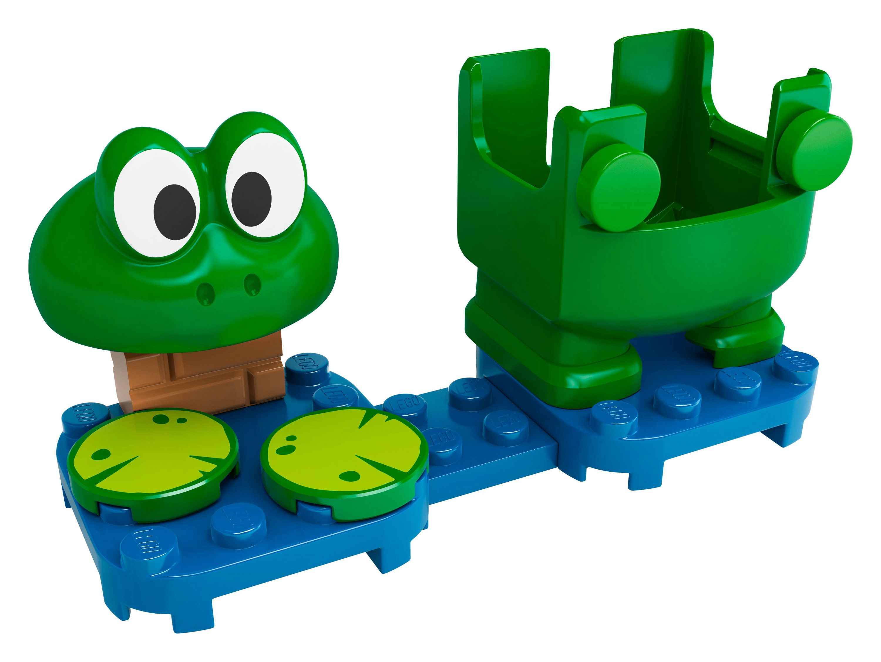 LEGO Duplo Set mit grünem Frosch, blauer Basis und Seerosenblättern. Weißer Hintergrund.