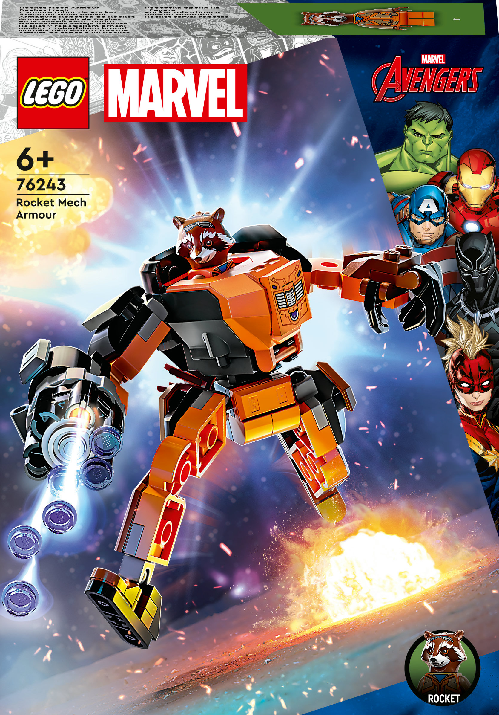 Lego Marvel set. Rocket Mech pantser. Oranje robot met een wasbeerhoofd. Avengers-personages op de achtergrond.