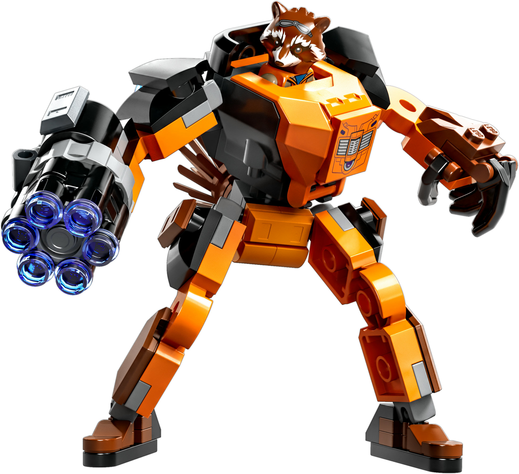 Lego Rocket Raccoon mech. De mech is oranje en zwart met een wasbeerhoofd.
