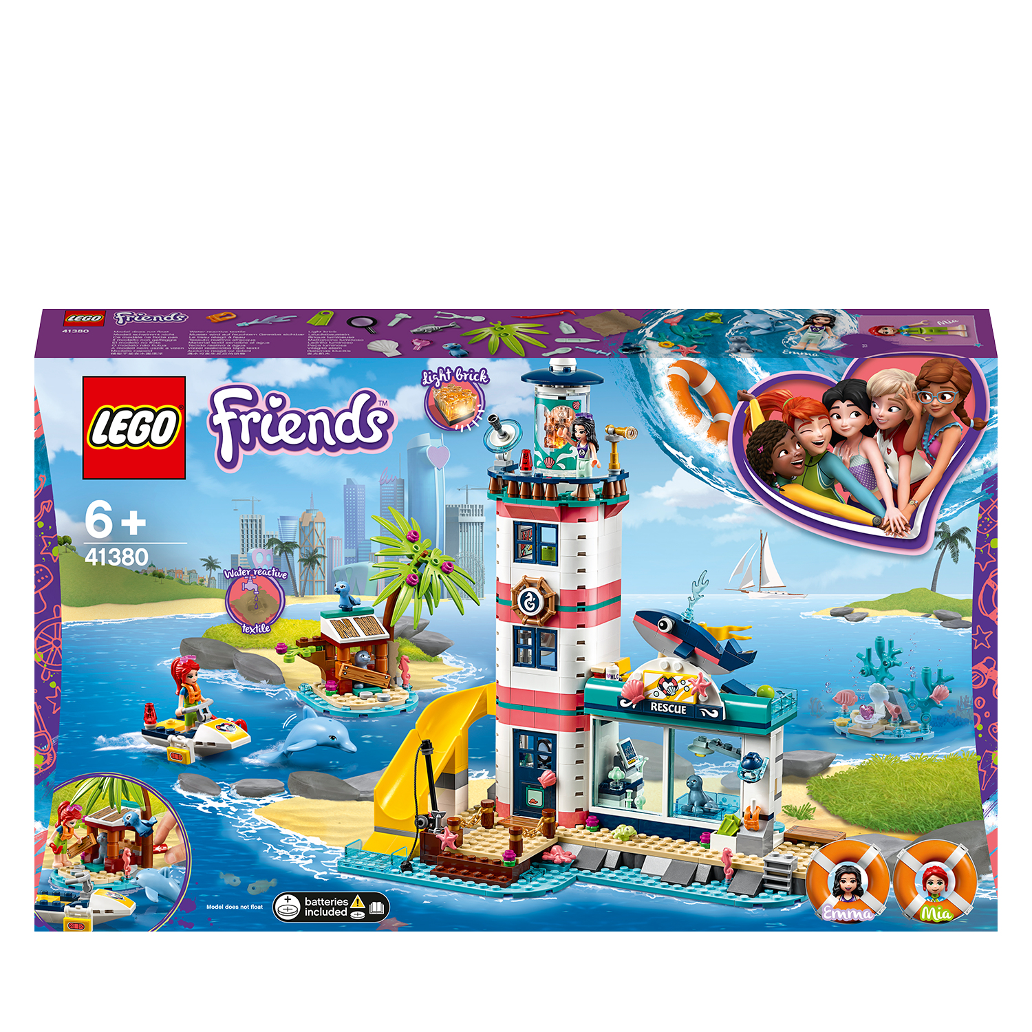 Lego Friends Set-Box mit einem Leuchtturm und mehreren Figuren.