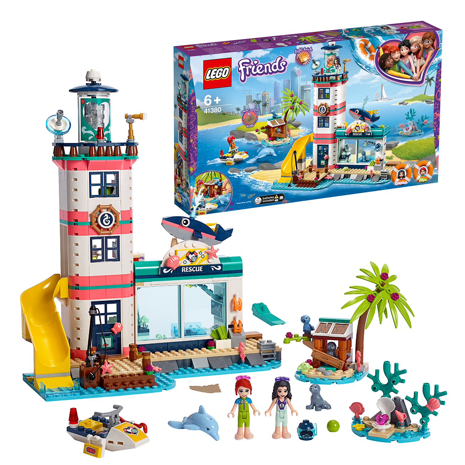 Lego Friends Set mit Leuchtturm, Rutsche und einer kleinen Rettungsstation am Strand.