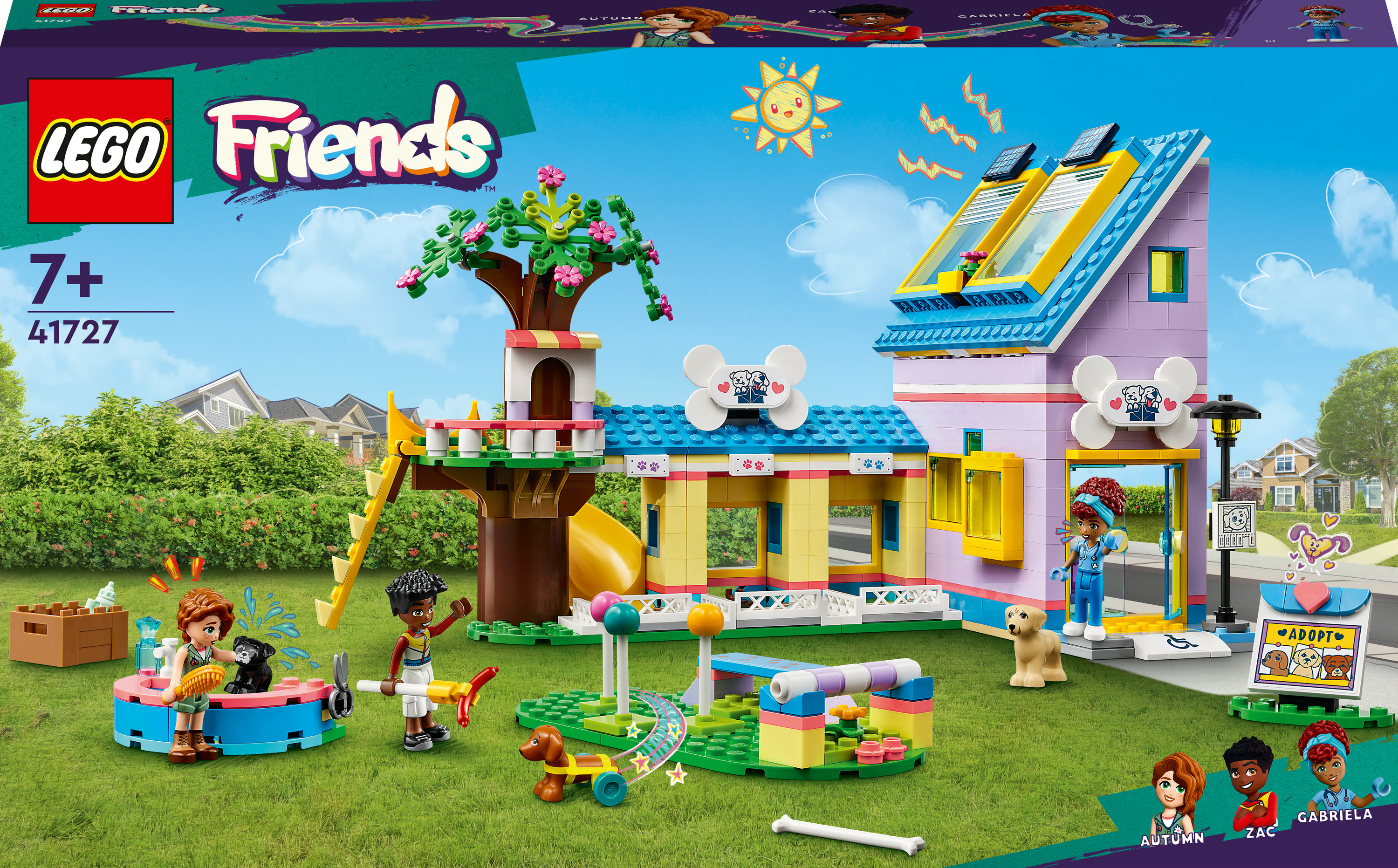 Lego Friends seti, bir evcil hayvan bakım merkezini tasvir ediyor. Figürler, evcil hayvanlar ve bir oyun alanı içerir.