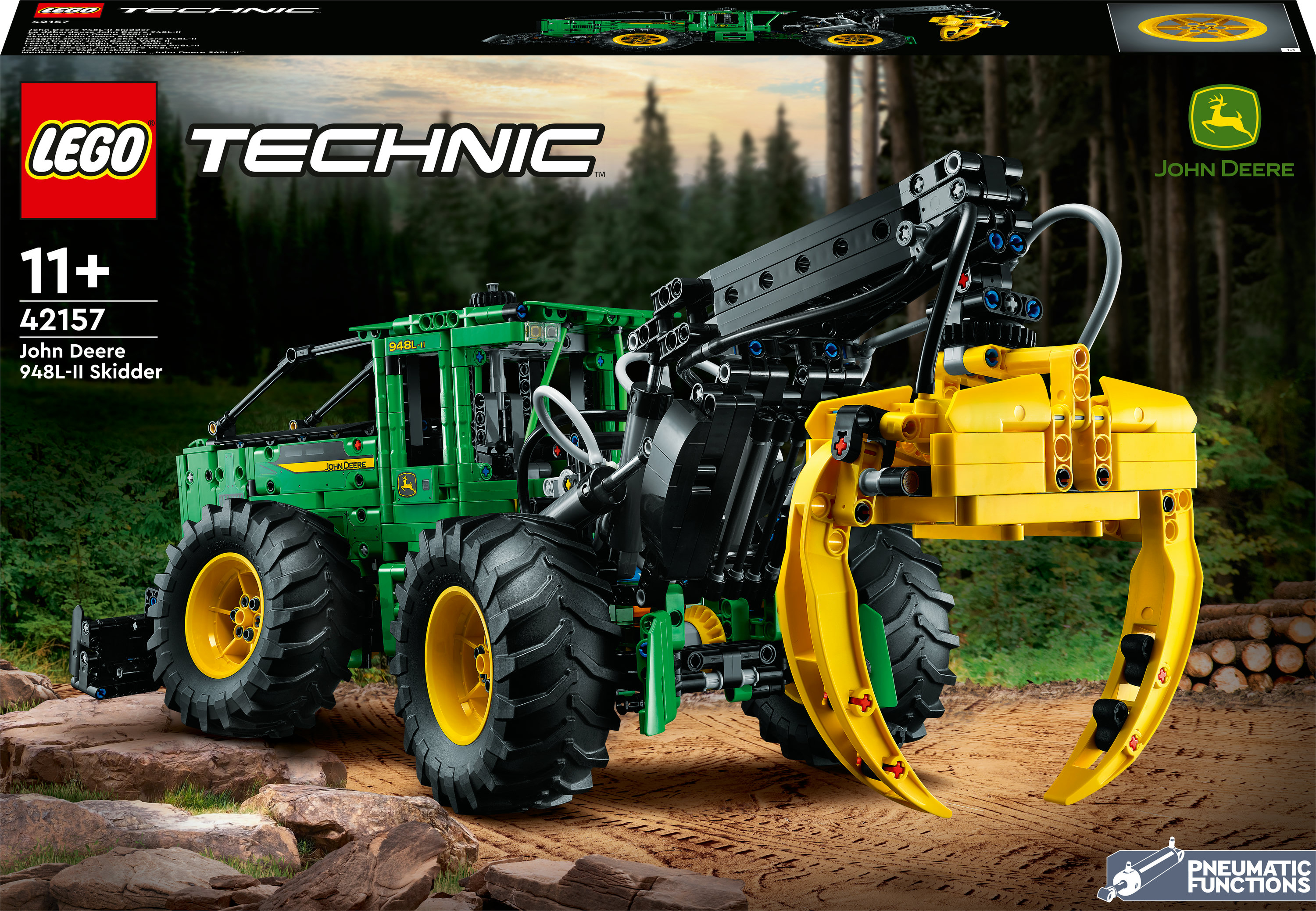LEGO Technic John Deere 948L-II Skidder, zielono-żółty pojazd budowlany.