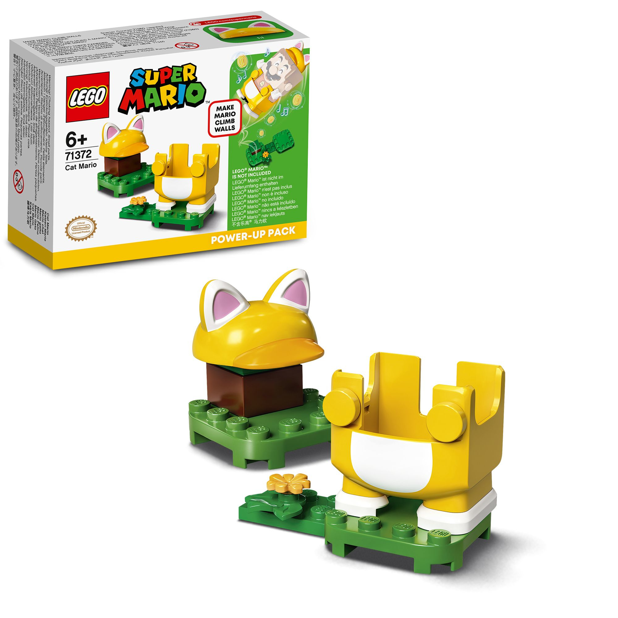 LEGO Super Mario Cat Mario Set. Gelbe Katzenstruktur, brauner Block, grüne Basis und eine Box.
