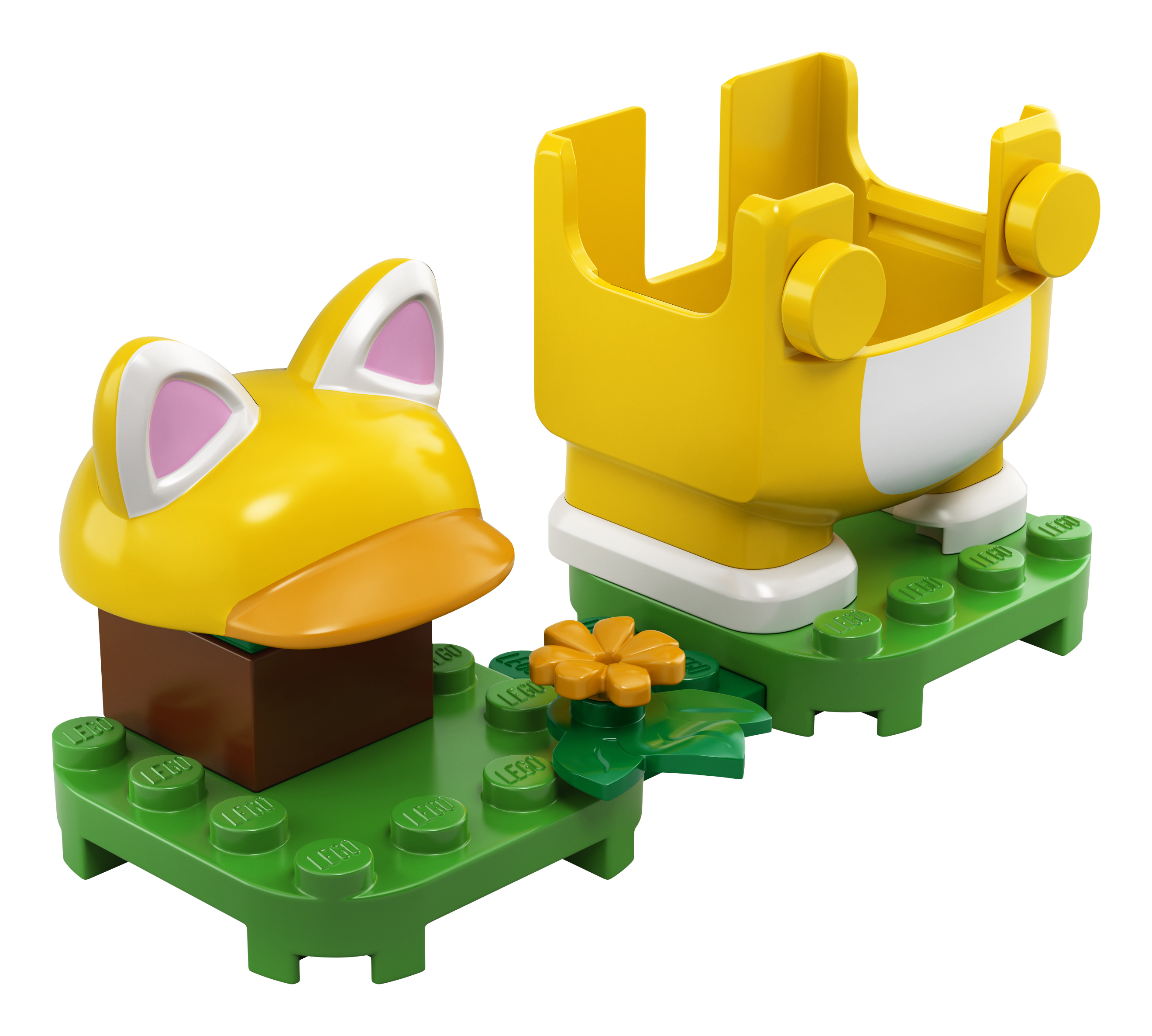 LEGO-Set mit einem gelben Entenkopf und einem Sitz, platziert auf grünen LEGO-Grundplatten.