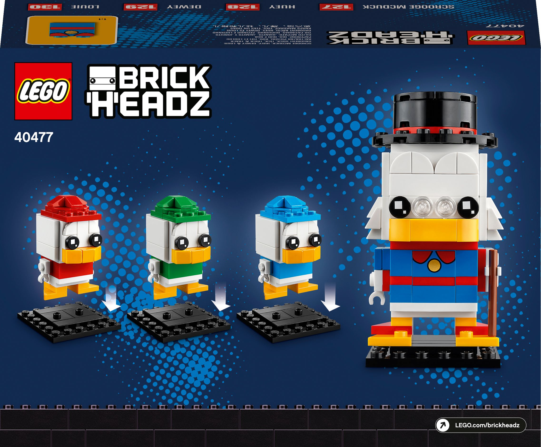 Lego DuckTales-Charaktere auf schwarzen Sockeln, mit dem Lego-Logo oben.