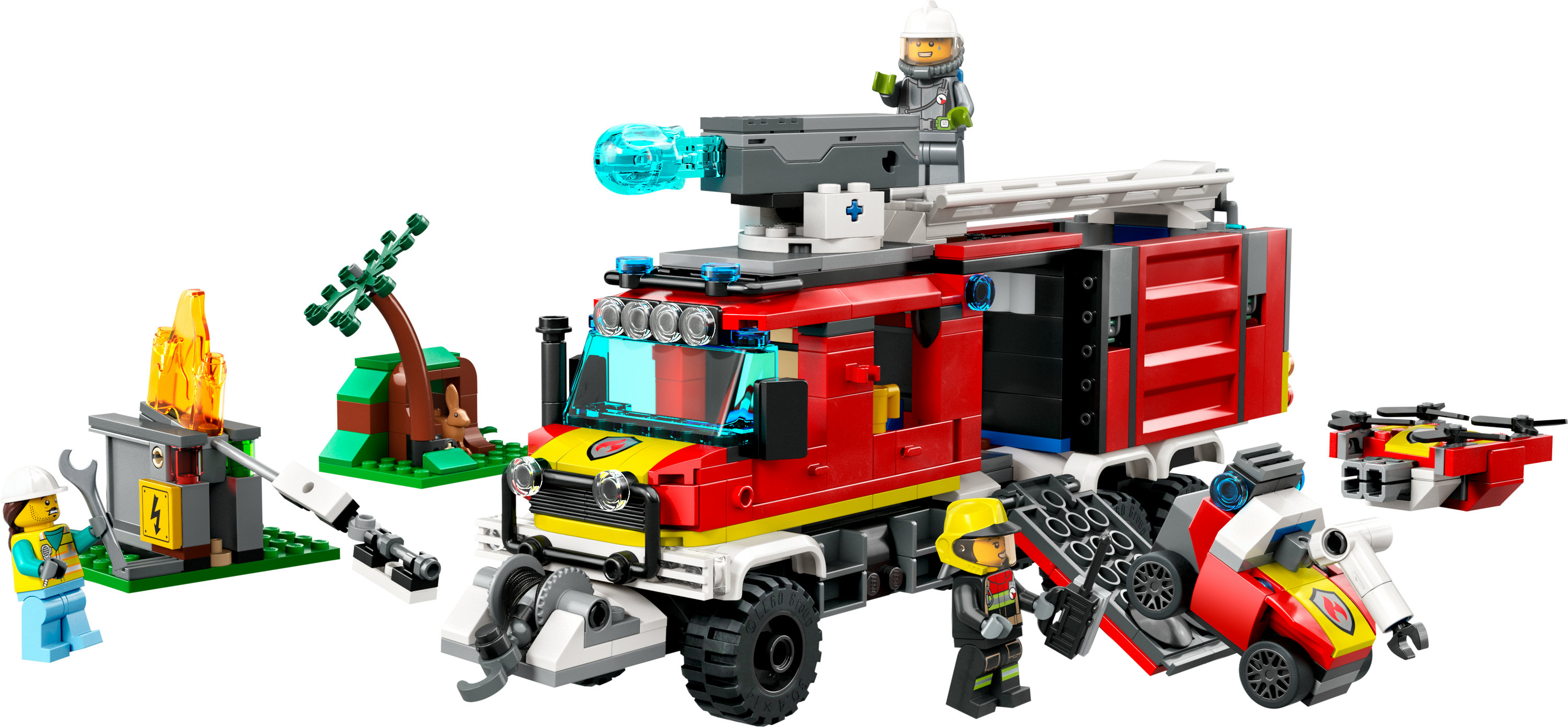 LEGO itfaiye kamyonu seti, çeşitli itfaiyeci minifigürleri, yangın ve bir drone ile.