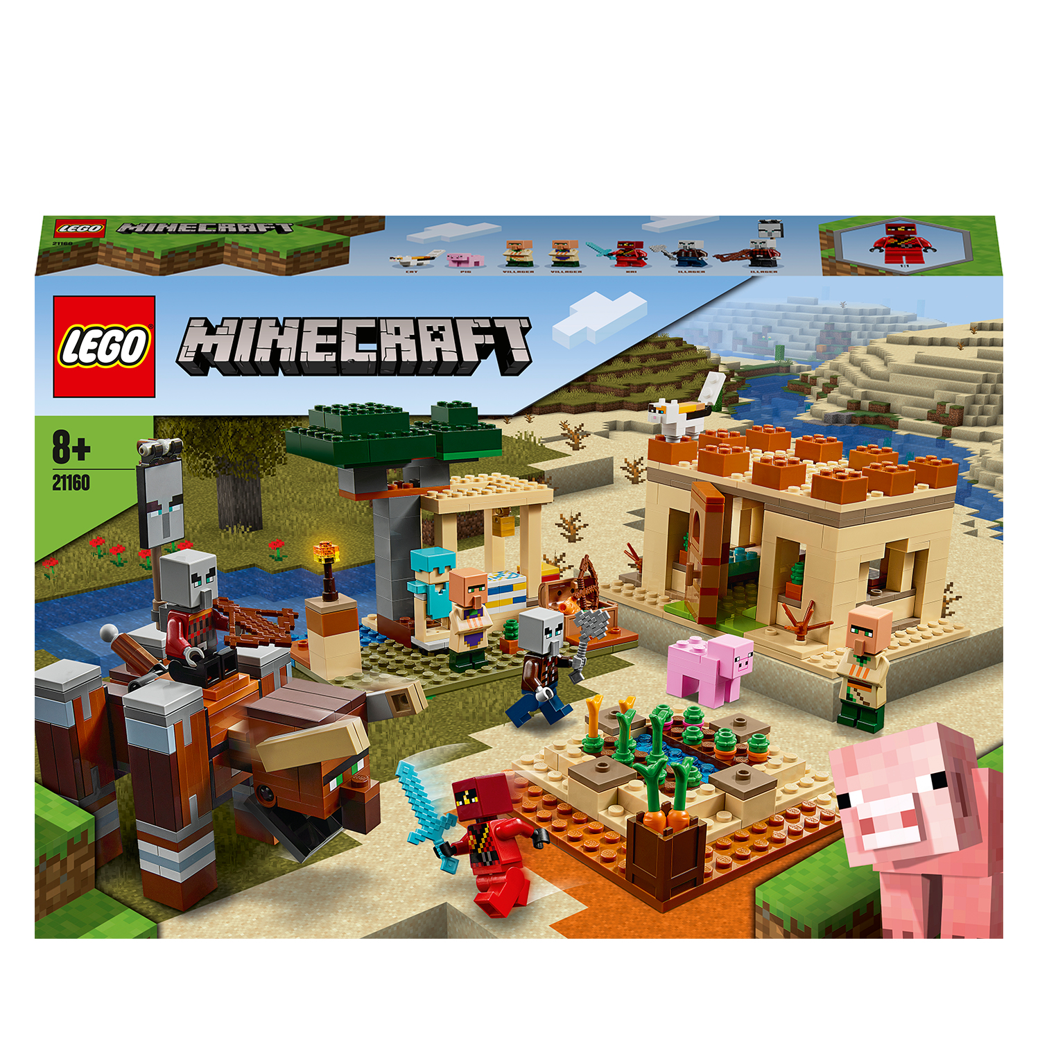 Un set Lego Minecraft con strutture, personaggi ed elementi.