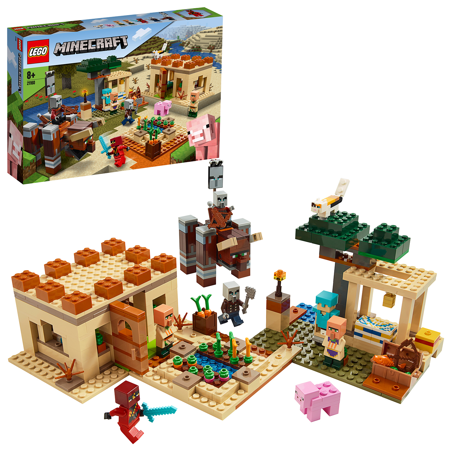 Set Lego Minecraft con personaggi, strutture e animali. La scatola mostra la scena.