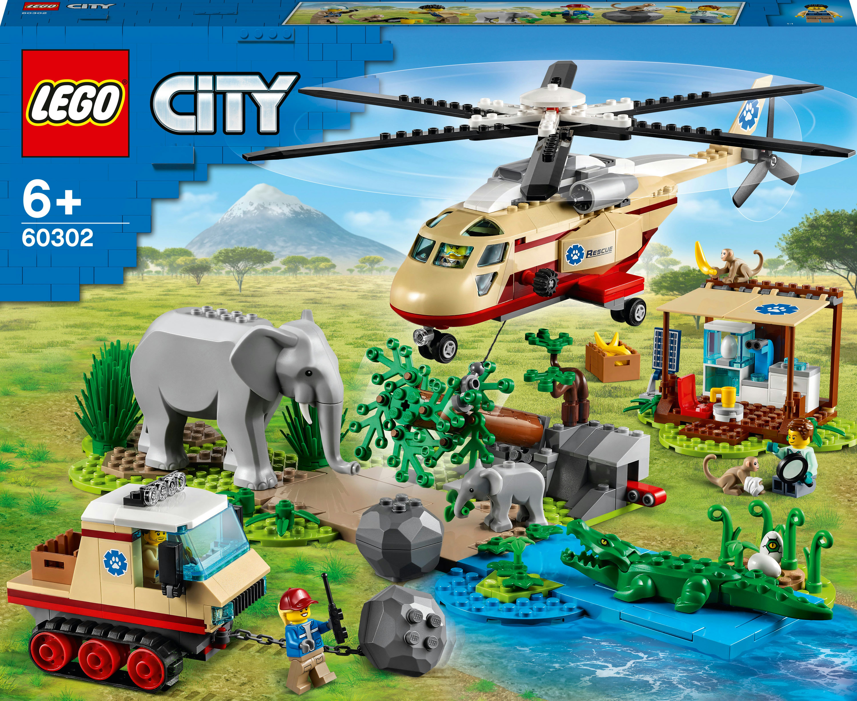 Zestaw LEGO City z helikopterem, słoniem i innymi zwierzętami w scenerii dżungli.