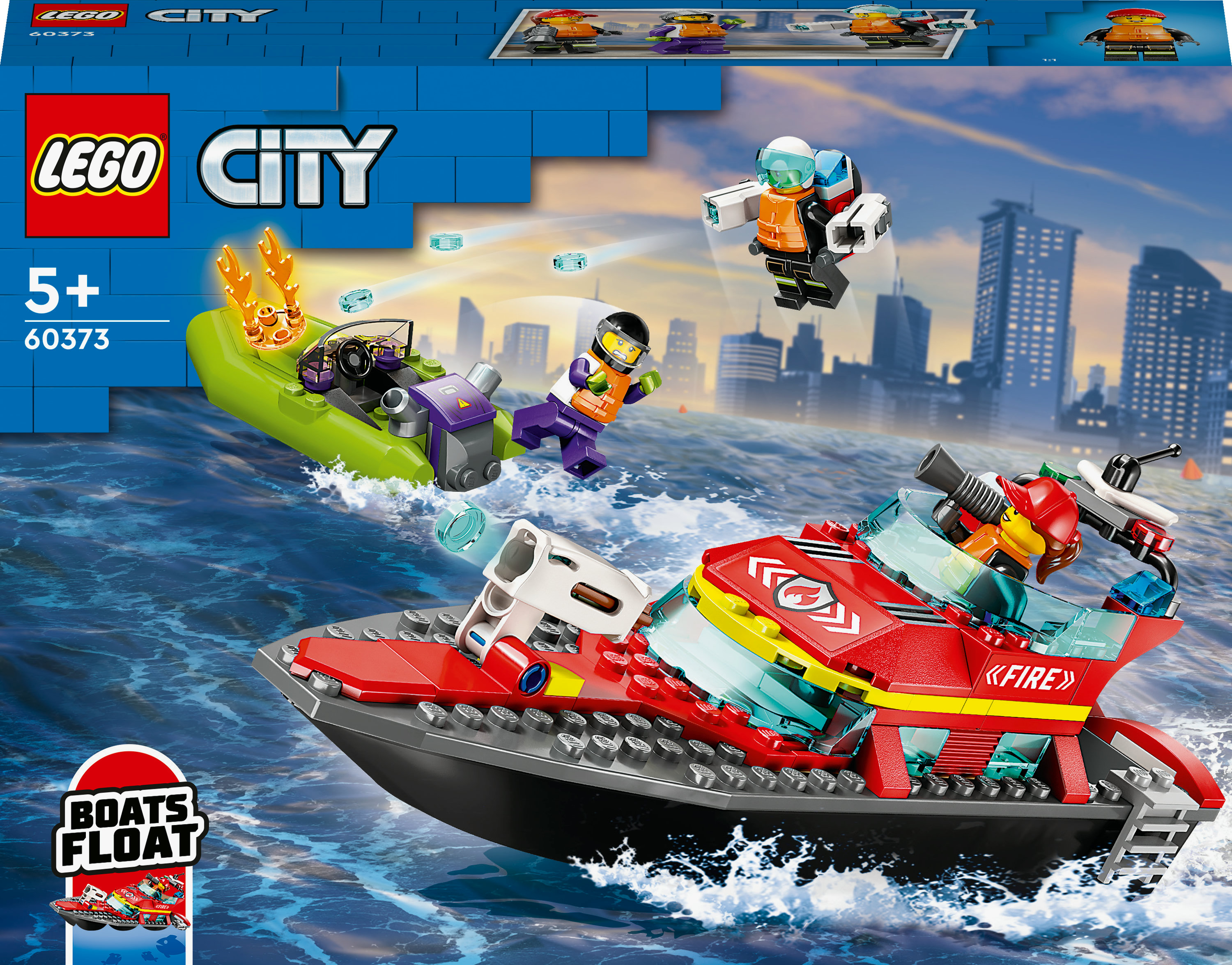 Set de barco de bomberos Lego City con dos minifiguras, en un entorno marino sobre blanco.