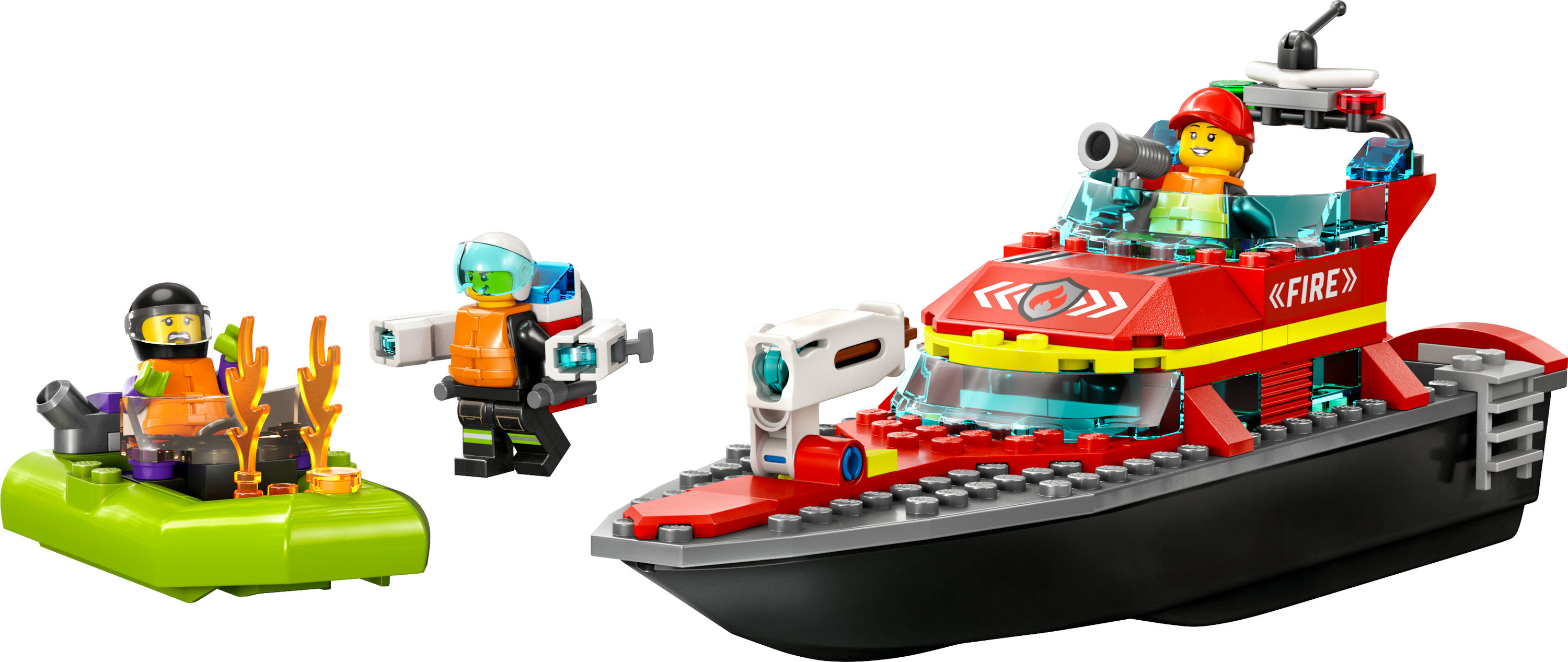 Barco de bomberos Lego City, bomberos y llamas. Bombero en una lancha y en el barco de bomberos.