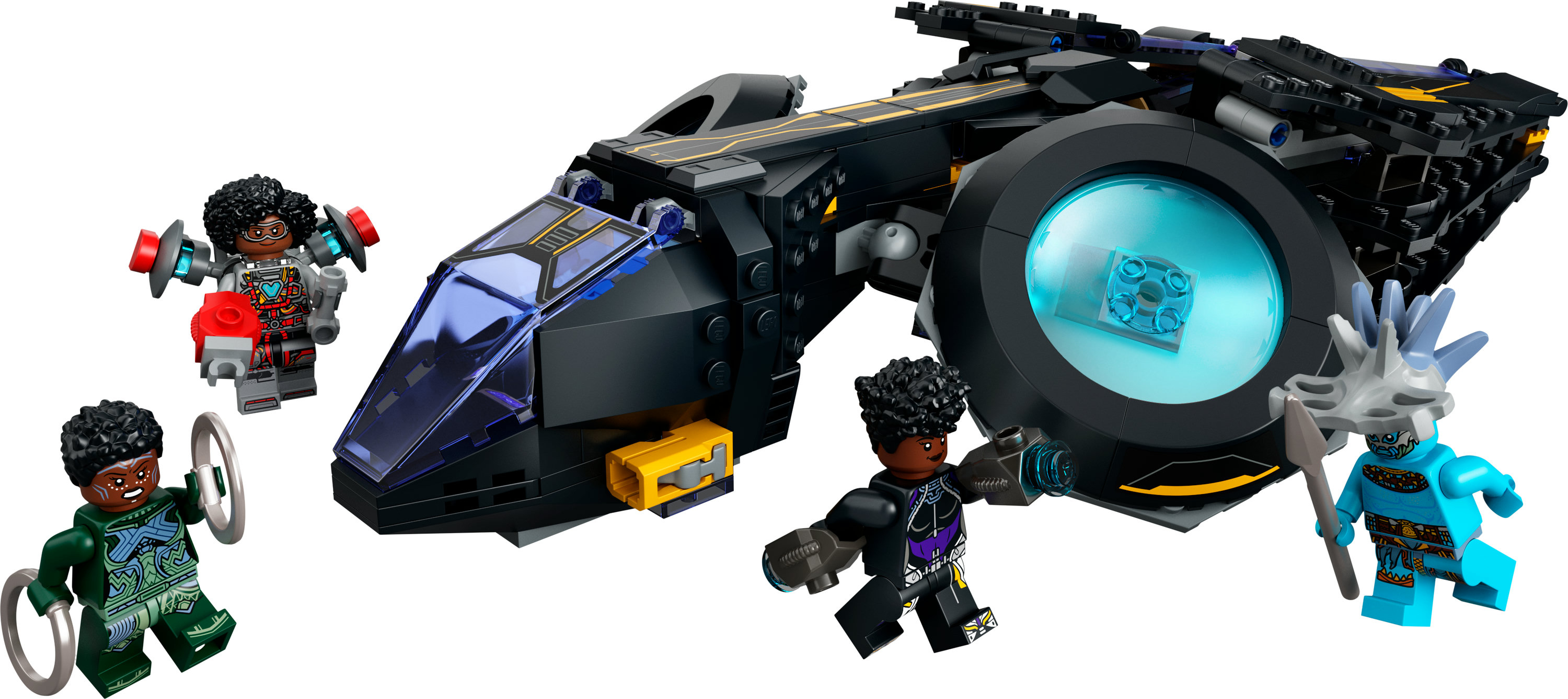Lego Black Panther Jet z figurkami: Okoye, Czarna Pantera i inne postacie.