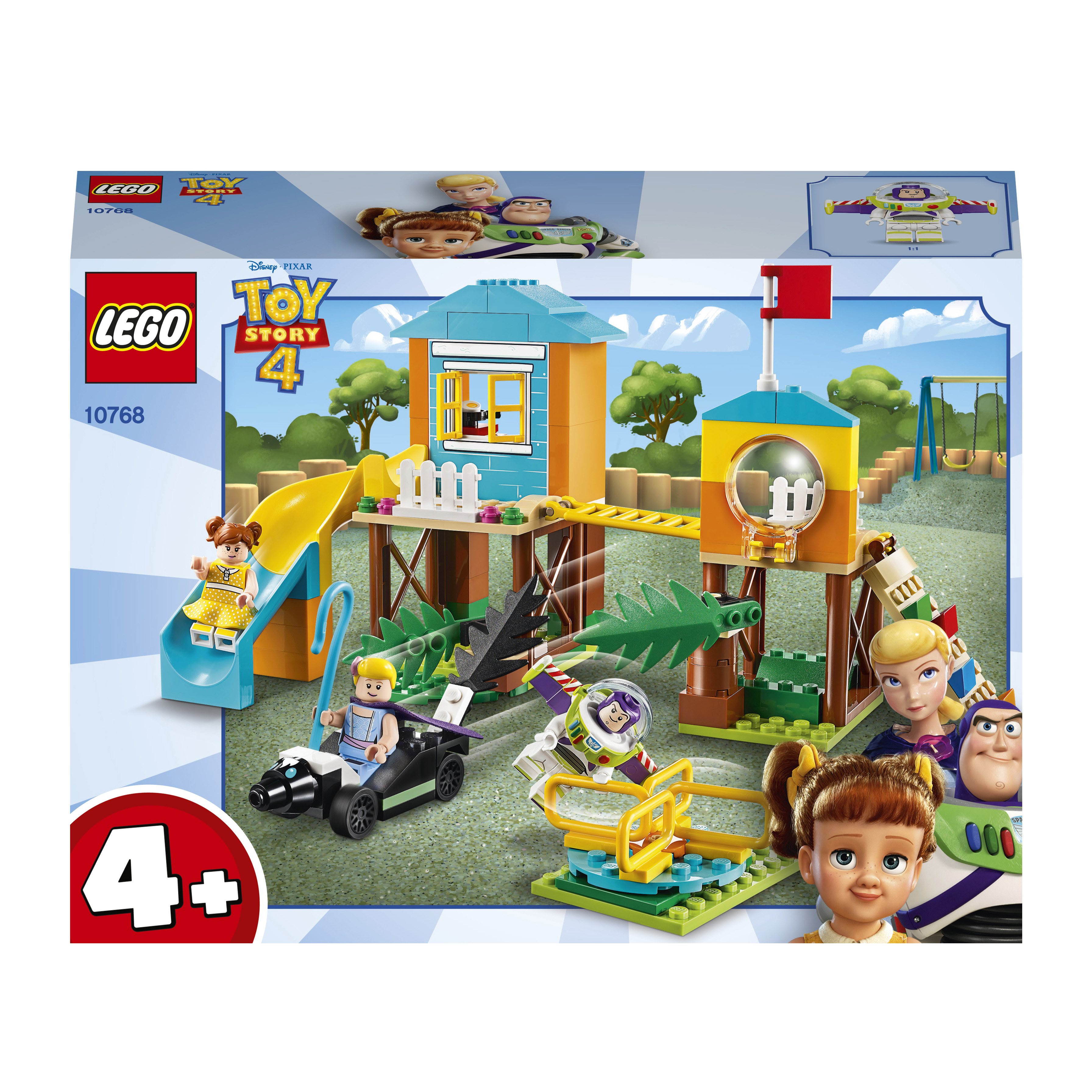Un set Lego Toy Story 4 con una scena del parco giochi che include personaggi come Woody, Buzz e Bo Peep.