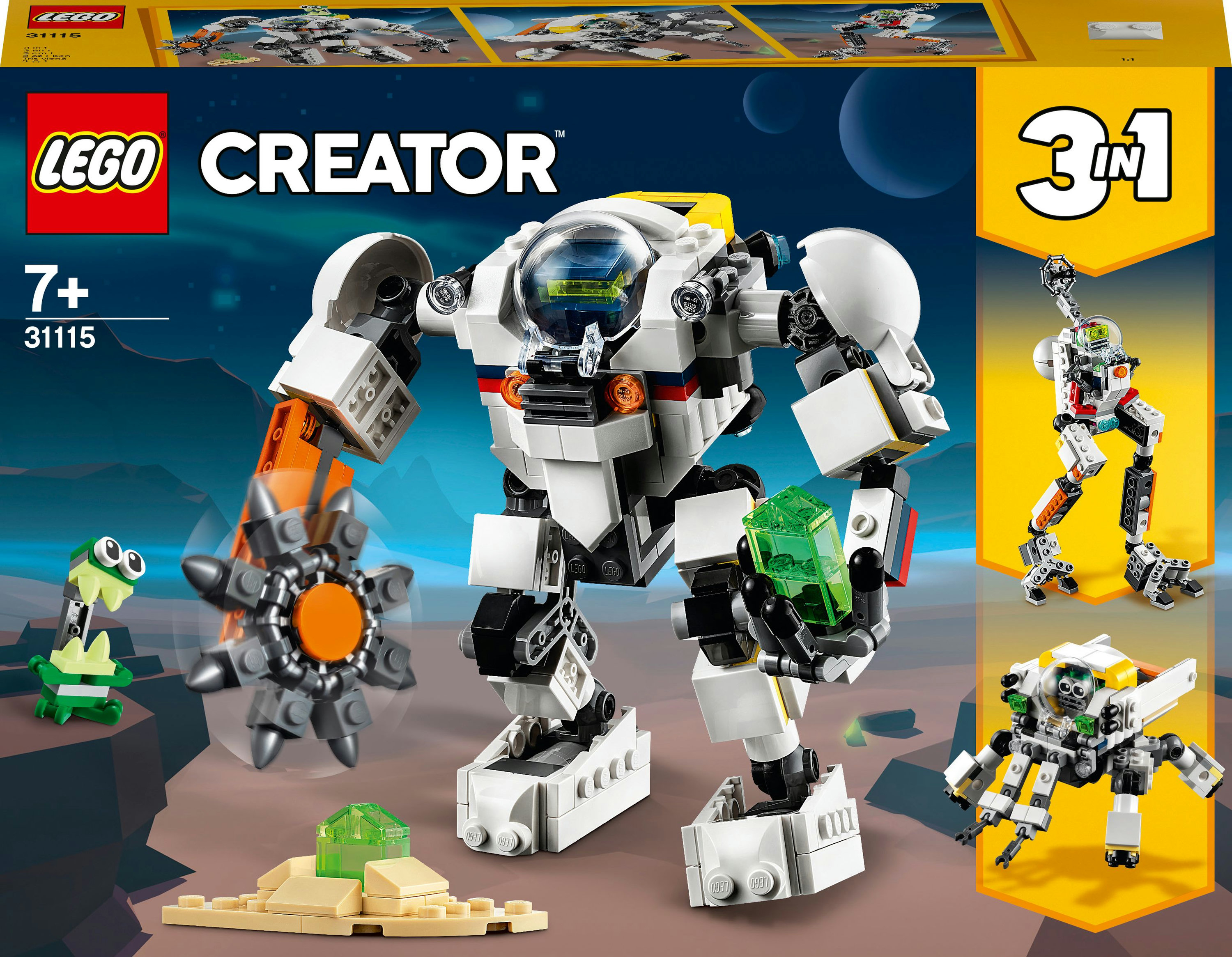 Lego Creator Set mit einem weißen Mech und anderen Builds.