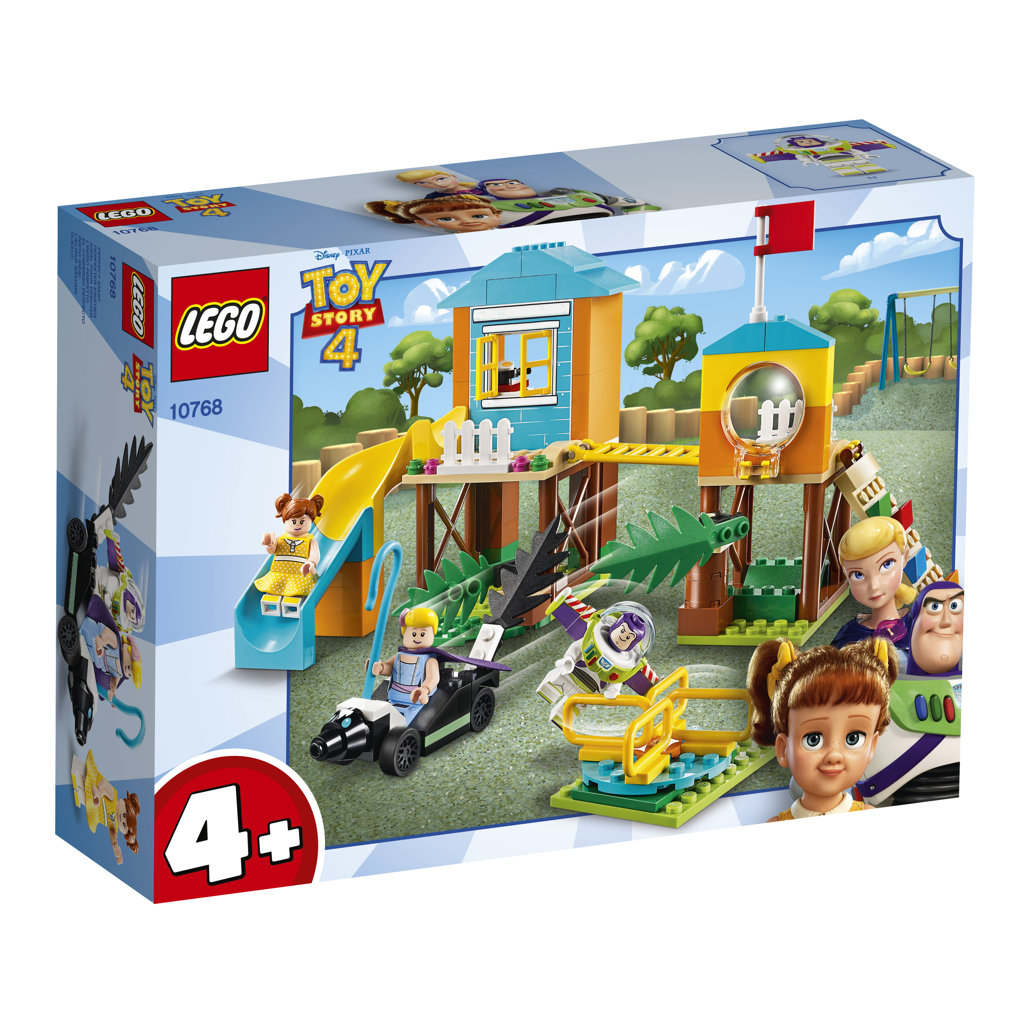 Set di gioco Lego Toy Story 4 con Buzz Lightyear, Woody e altri personaggi e accessori. Il set è colorato.