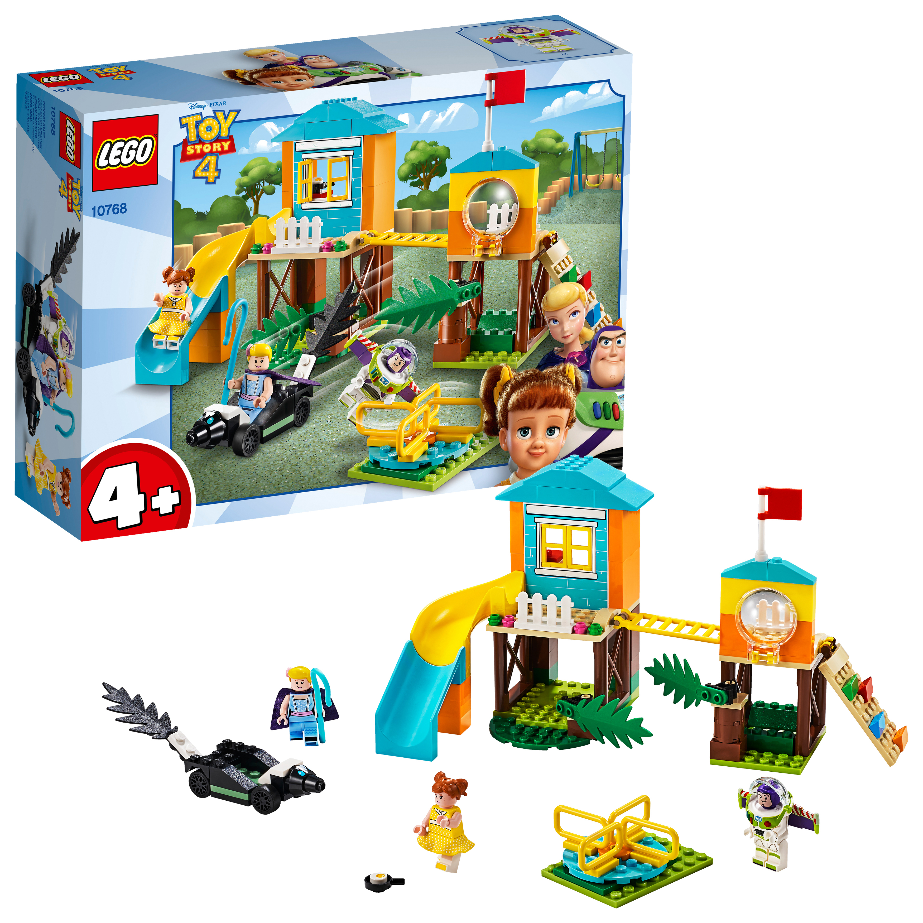 Una scatola del set Lego Toy Story 4 e un playset assemblato con personaggi e strutture.