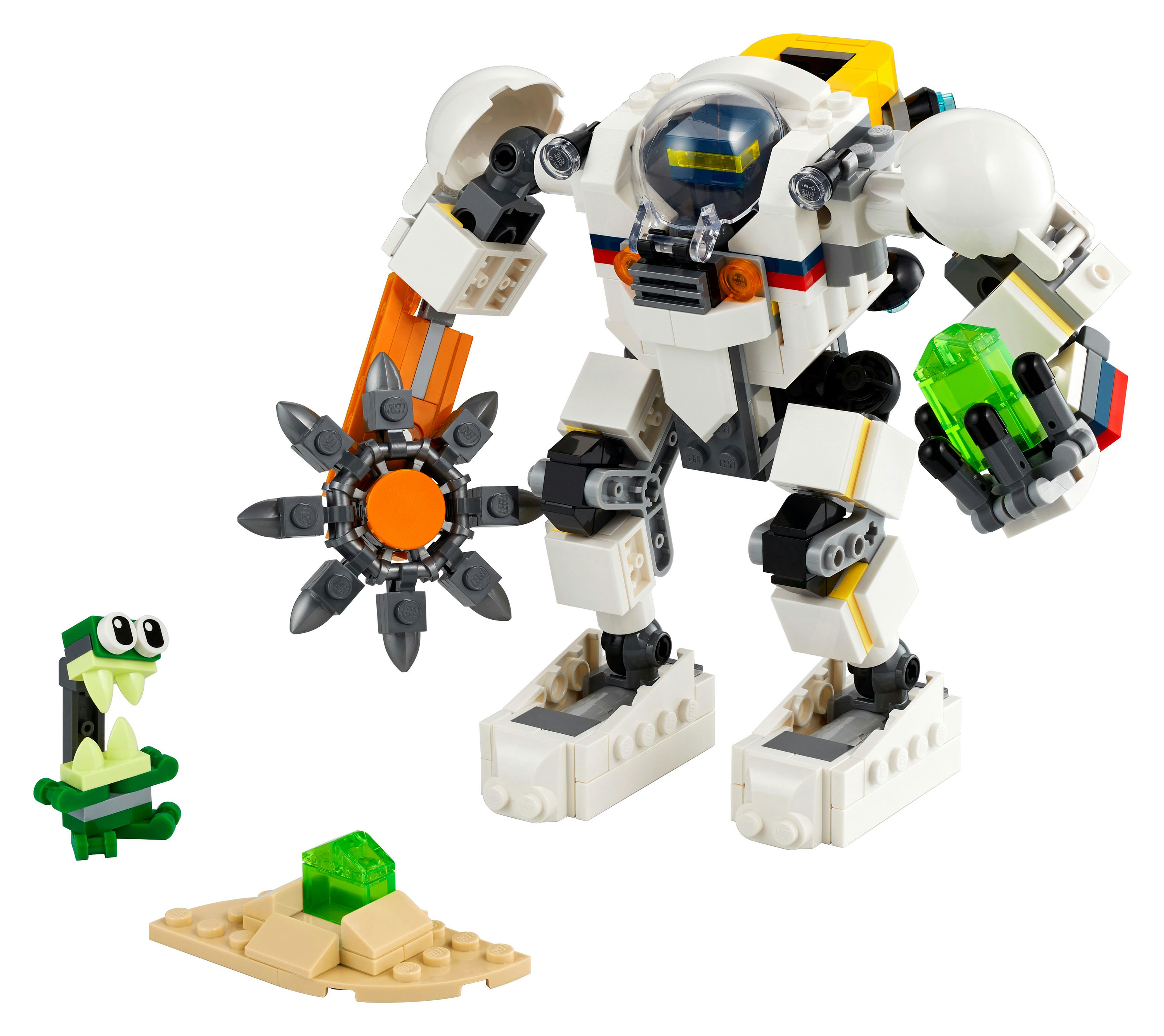 Ein weißer Roboter mit einem grünen Edelstein. Ein grünes Krokodil und eine kleine Sandstruktur sind ebenfalls enthalten.