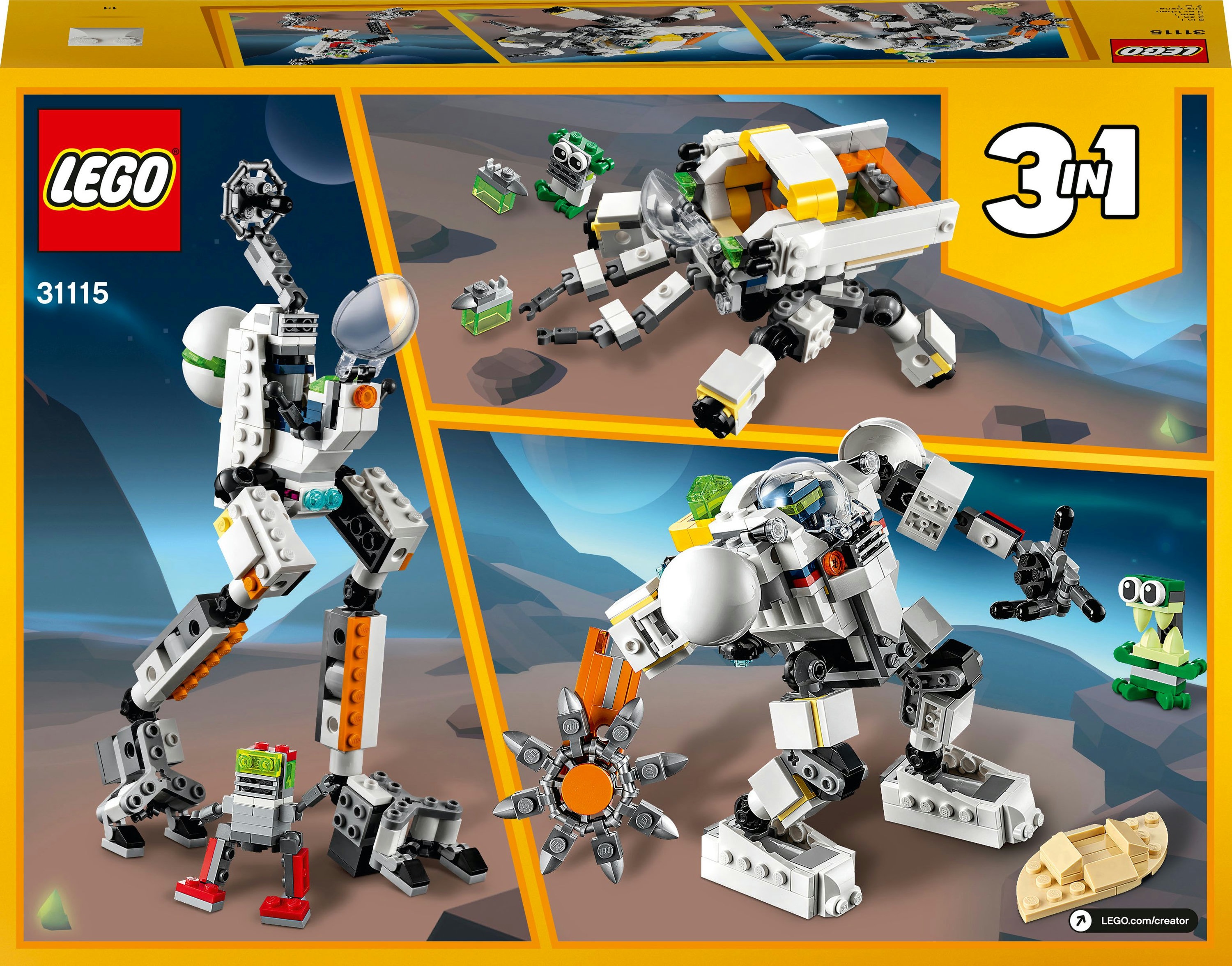 Lego-Box-Art zeigt ein 3-in-1-Roboter-Set mit verschiedenen Konfigurationen, mit Robotern und anderen kleinen Elementen.