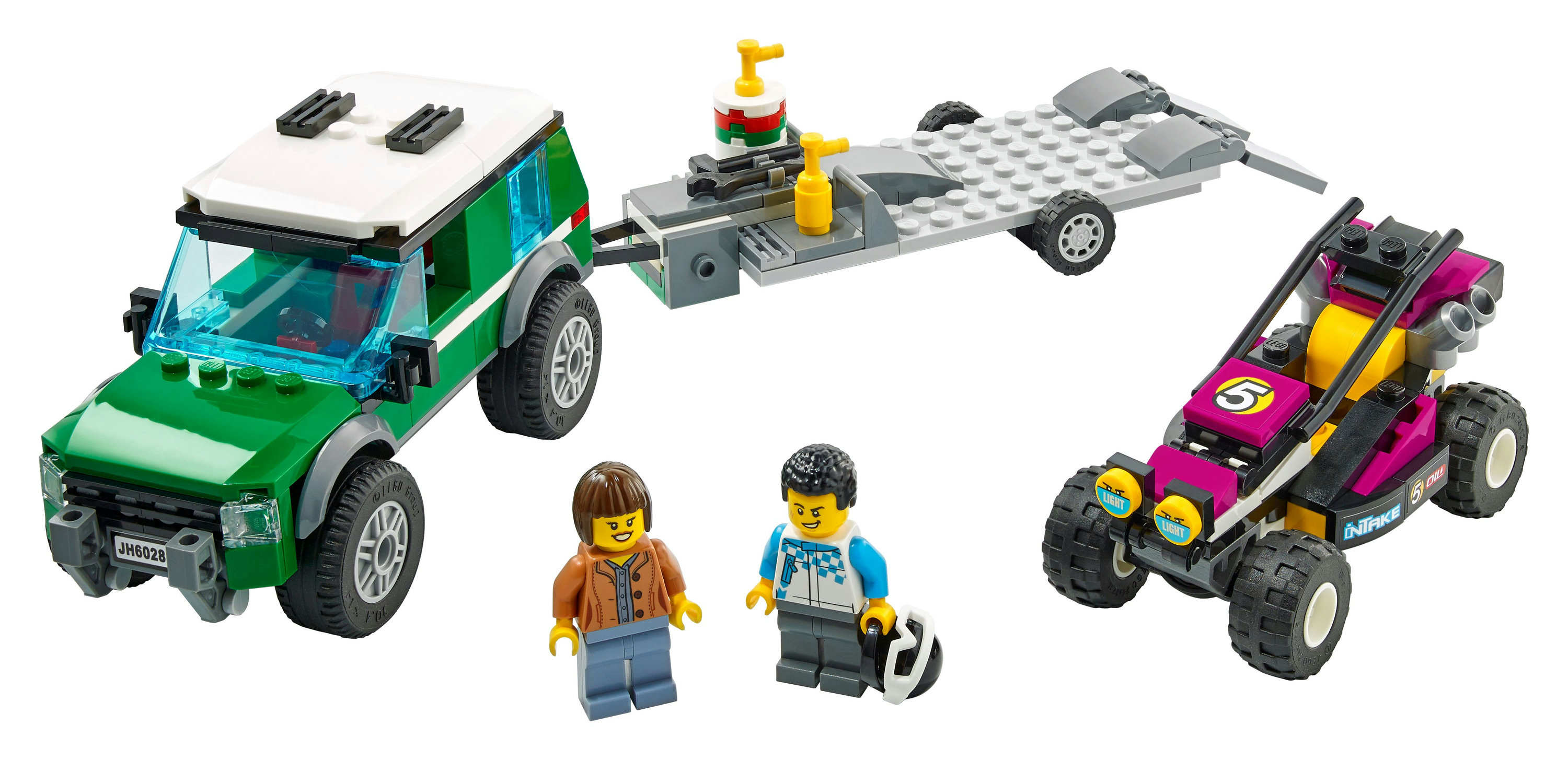 Lego City Set: ein grüner SUV, ein Anhänger und ein rosa Geländewagen mit Lego-Figuren.