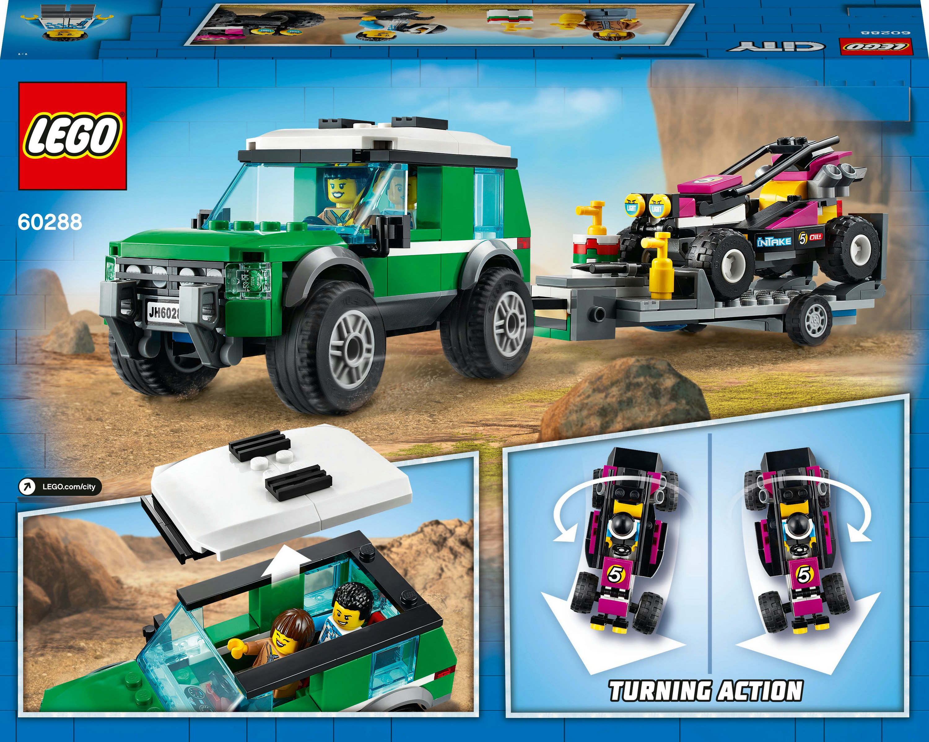 Rückseite der Lego-Box mit einem grünen LKW mit Anhänger, der ein Rennauto transportiert. Nahaufnahme zeigt Drehbewegung.