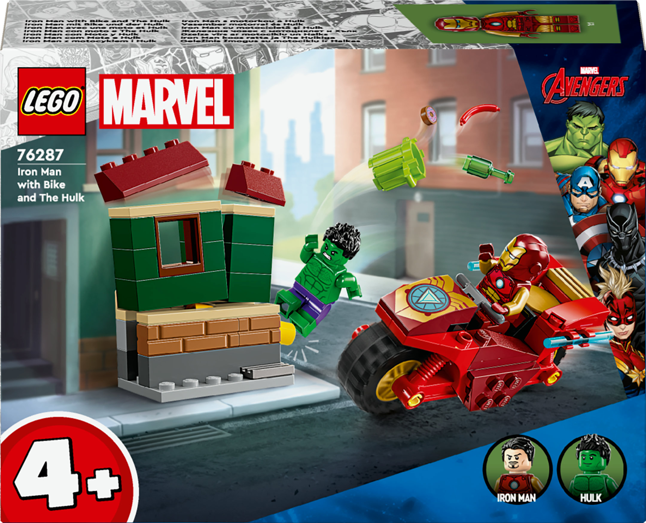 LEGO Marvel Iron Man z motocyklem i figurką Hulka, czerwone i zielone klocki.