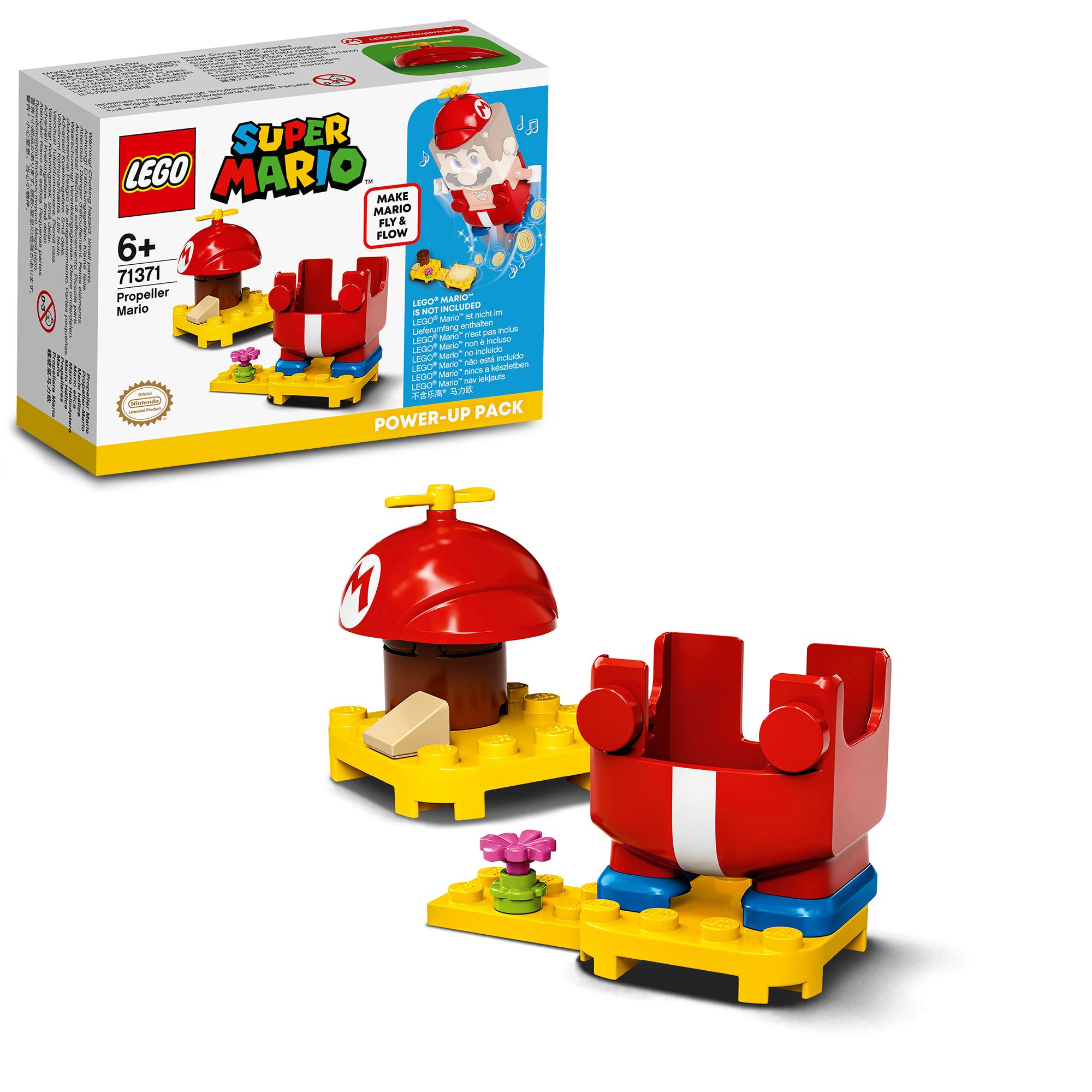 Lego Super Mario Power-Up-Pack. Es zeigt Lego Mario, einen Pilz und einen Block mit Anweisungen.
