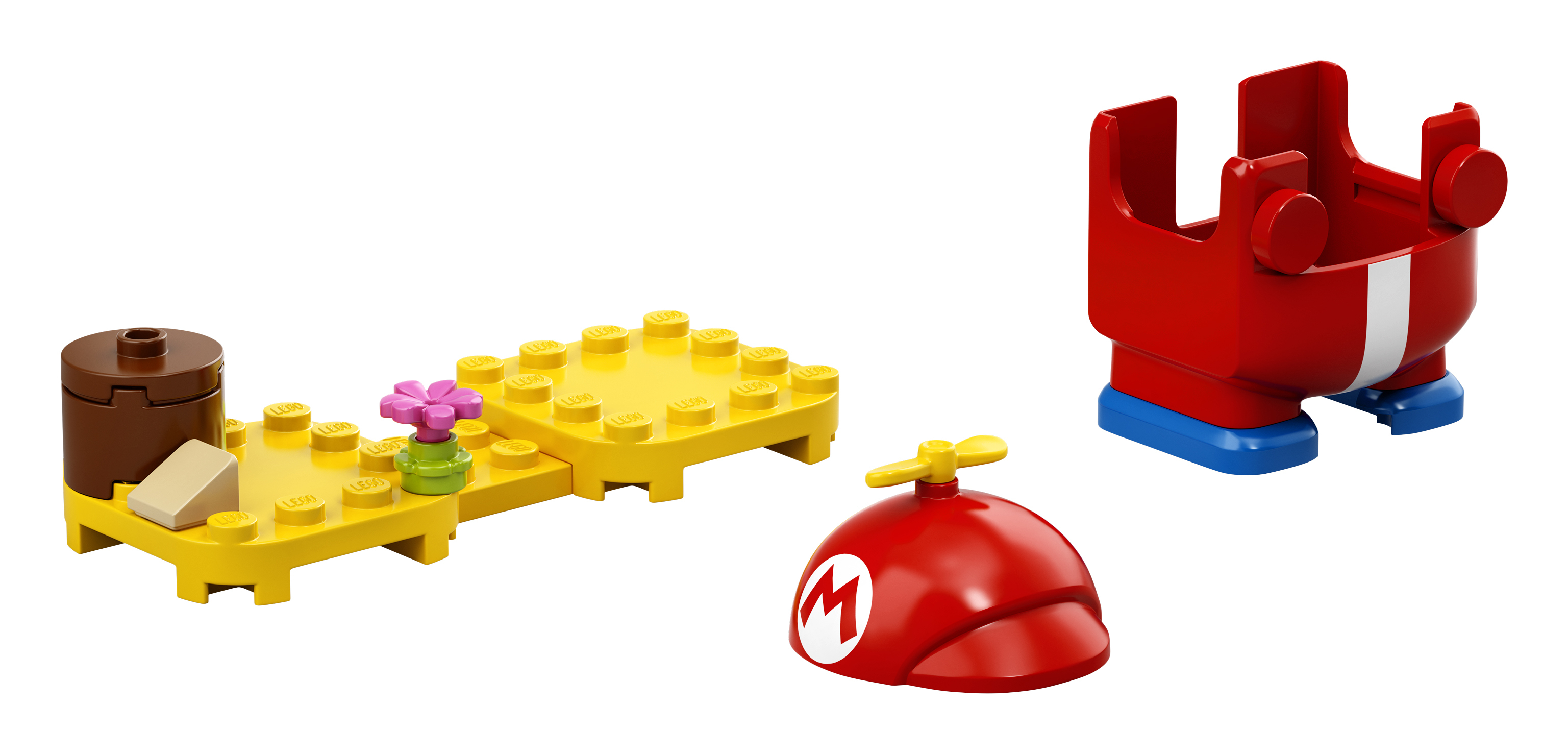 LEGO Mario Sets. Enthält ein rotes Auto, einen Hut mit M und eine gelbe Plattform.