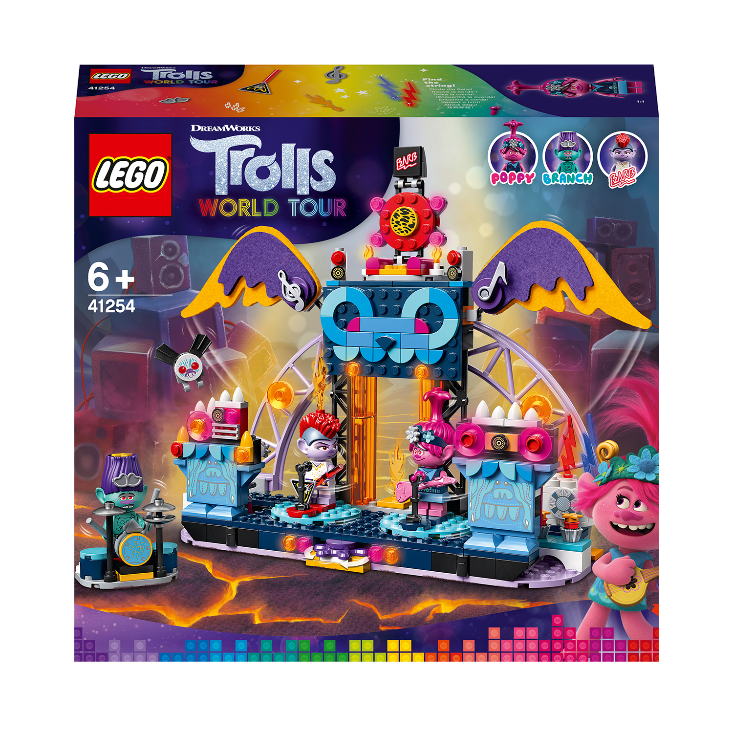 Eine LEGO Trolls World Tour-Set-Box zeigt eine Bühne mit Trolls-Charakteren und einer Konzernszene.