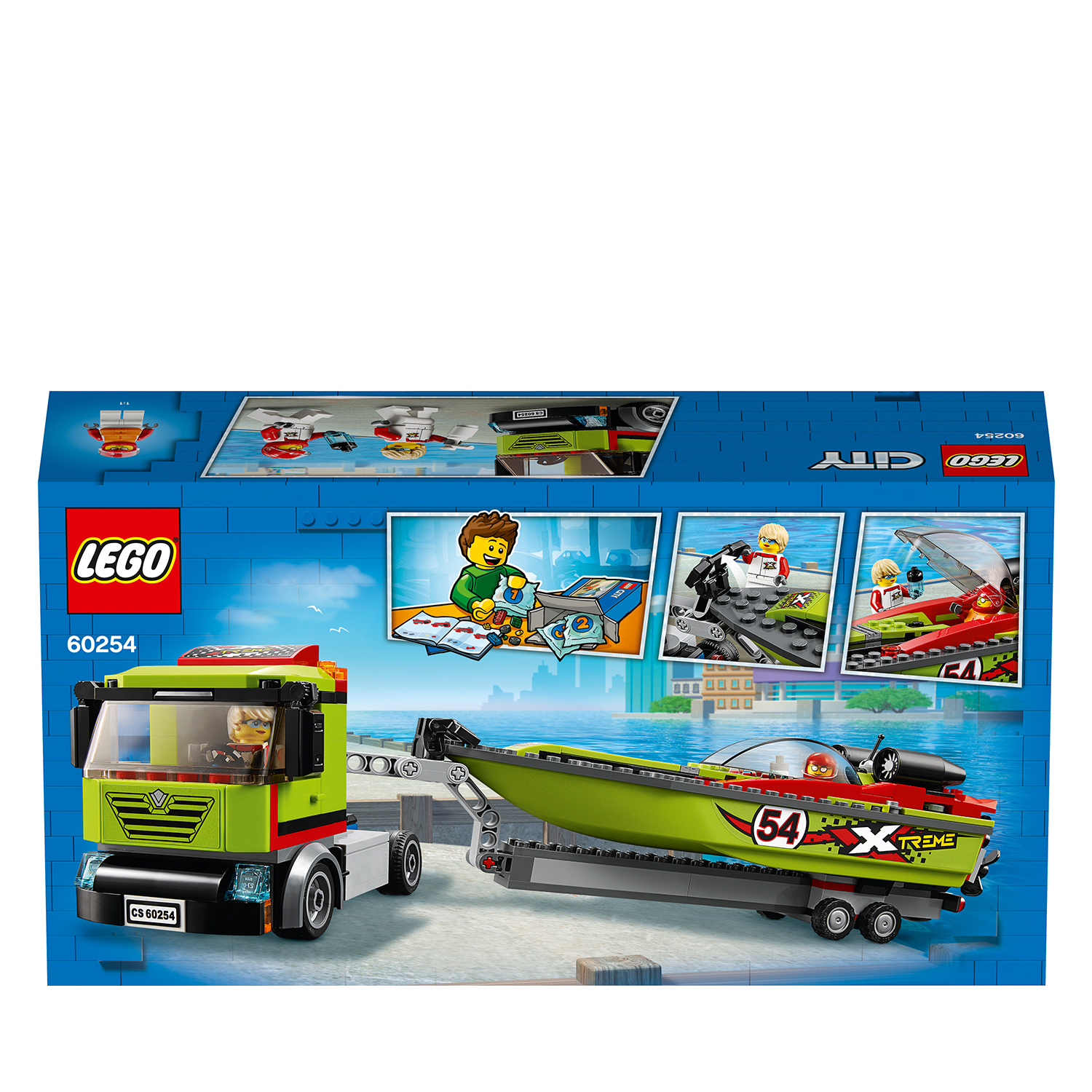 Set Lego City: Camion che traina una barca verde e nera.